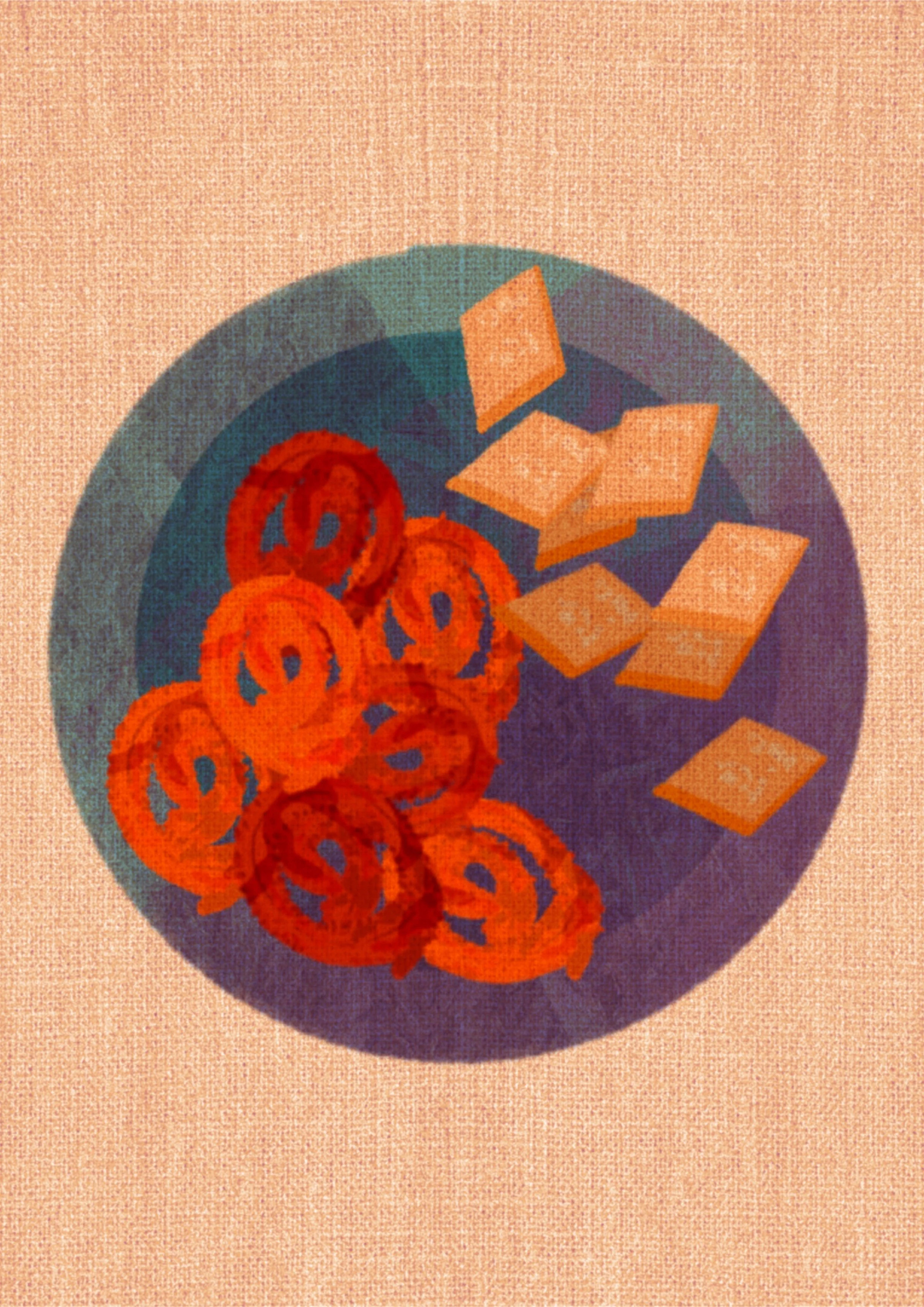 A bowl containing orange-colored snack rings and rectangular crackers.