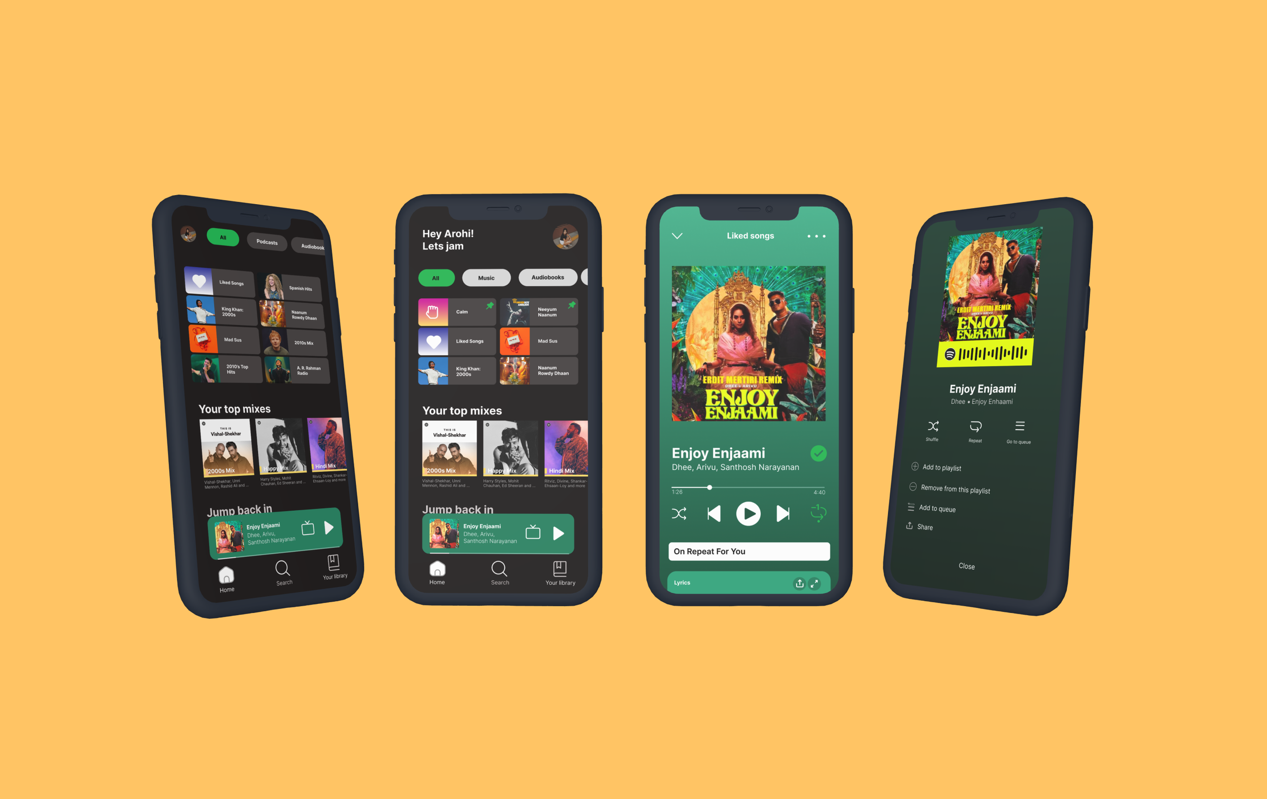 Four smartphones displaying a music app interface with playlists, song suggestions, a music player, and sharing options on a yellow background.