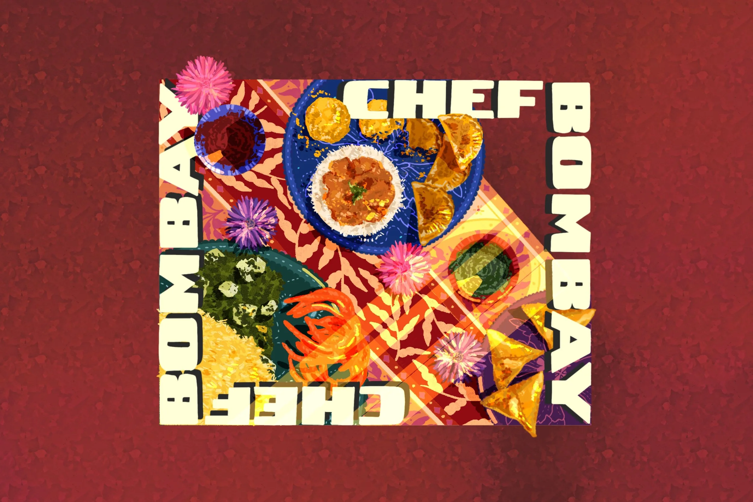 A colorful, artistic depiction of a traditional South Asian meal with various dishes on plates, surrounded by marigold flowers, against a vibrant patterned background.