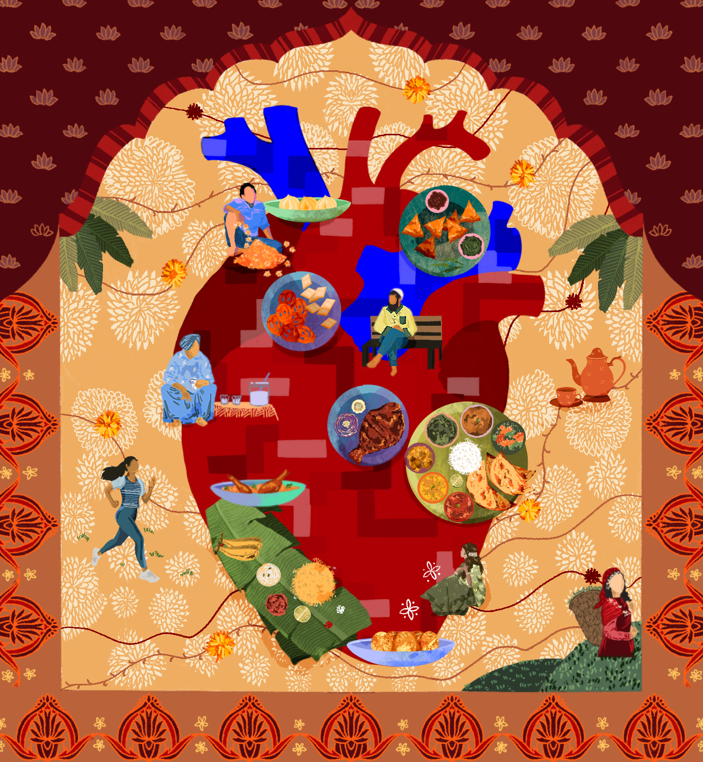 Illustration of a heart in a floral background with people preparing and enjoying traditional Indian foods, including curries, bread, and desserts.