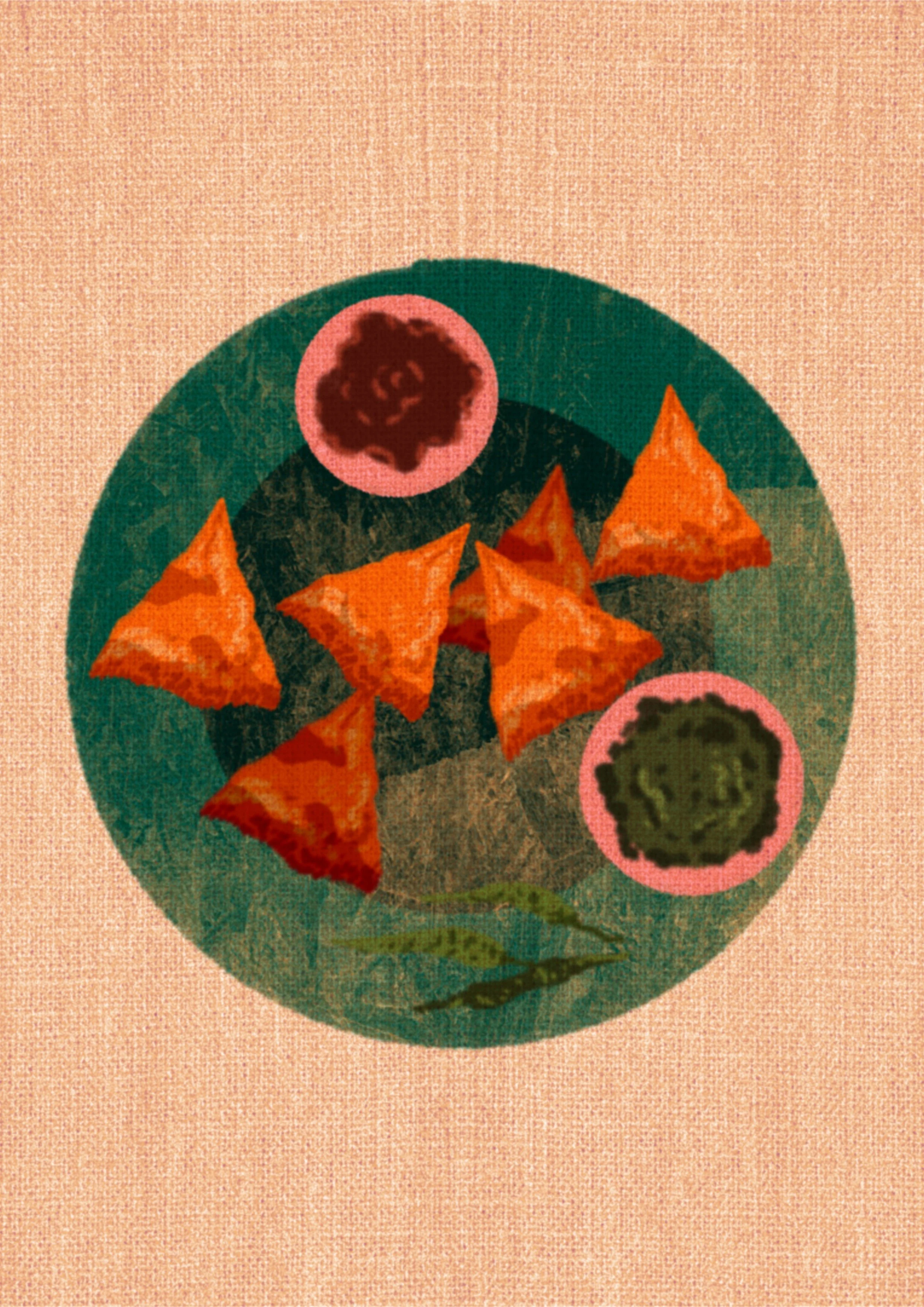 A digitally stylized image of a plate with triangular fried snacks, two small bowls of sauces or condiments, and a single chili pepper on a pink fabric surface.
