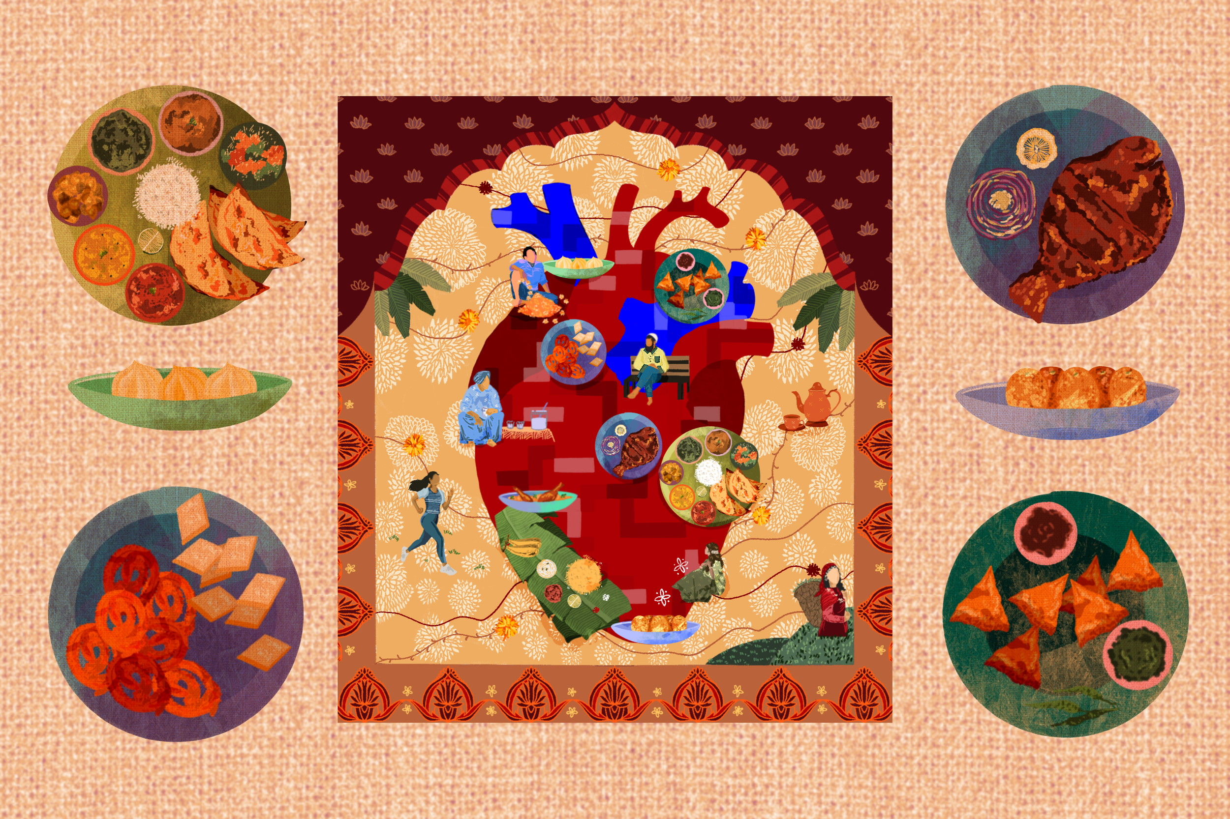 Illustration of South Asian cuisine with central image of a red heart and beige patterned background with people preparing and enjoying traditional dishes.