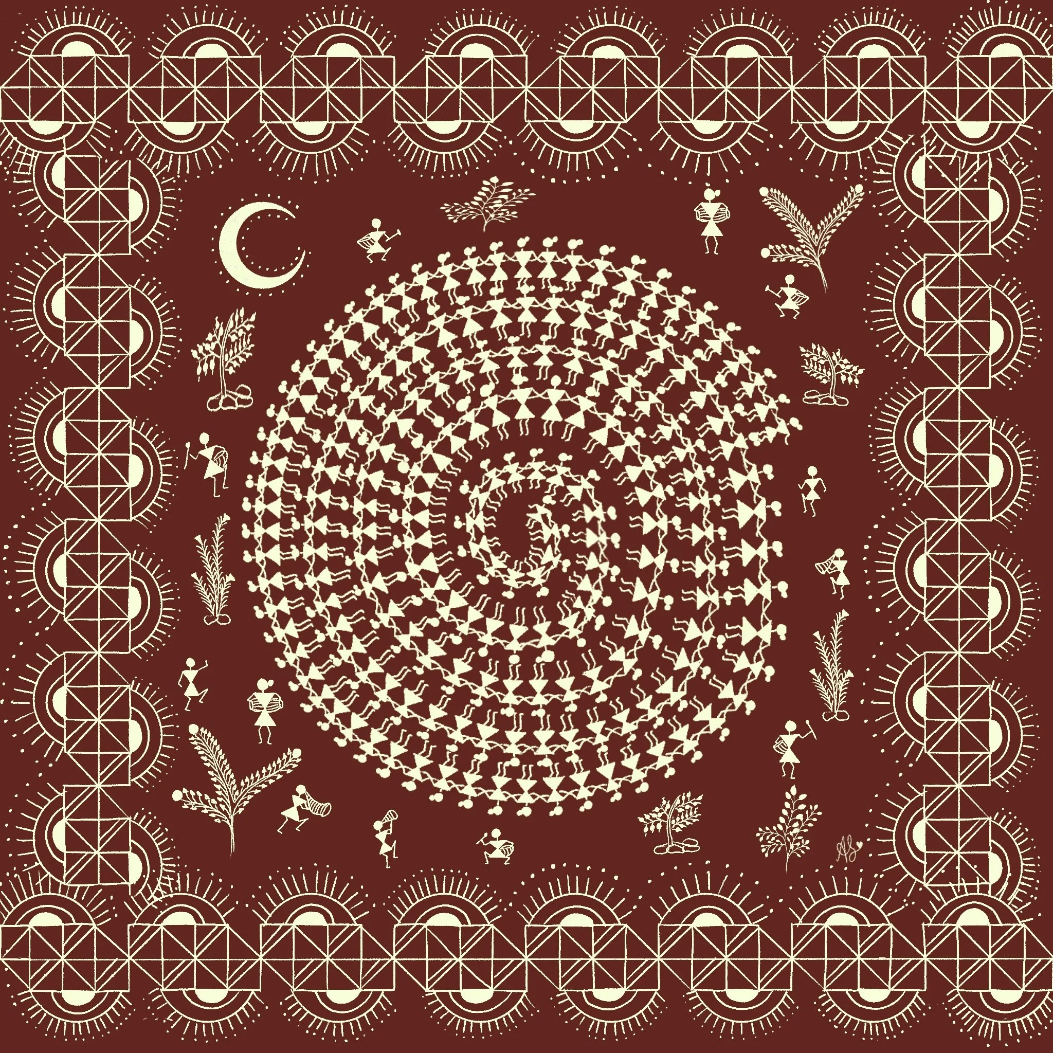 A decorative textile featuring a spiral pattern of stylized human figures holding hands, surrounded by smaller figures, plants, a crescent moon, and geometric border designs on a red background.