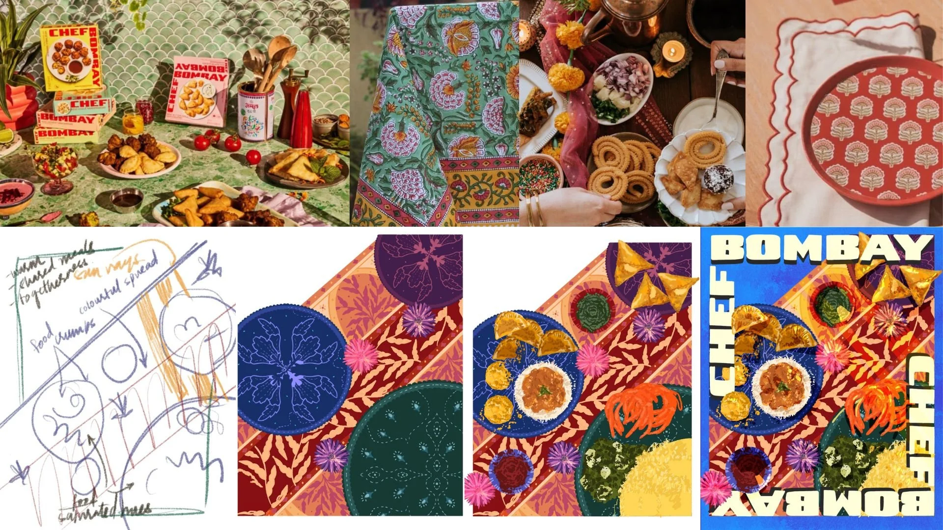 Collage of images depicting Indian dishes, traditional fabrics, and food-related artwork. Top row shows a festive table with Indian snacks, spices, and greeting cards; a colorful traditional fabric; a plate of Indian sweets and snacks; a container of snacks with a hand holding a spoon; and a patterned napkin and bowl. Bottom row features sketches and colorful stylized digital art of Indian dishes, floral motifs, and the word 'Bombay' in bold letters.