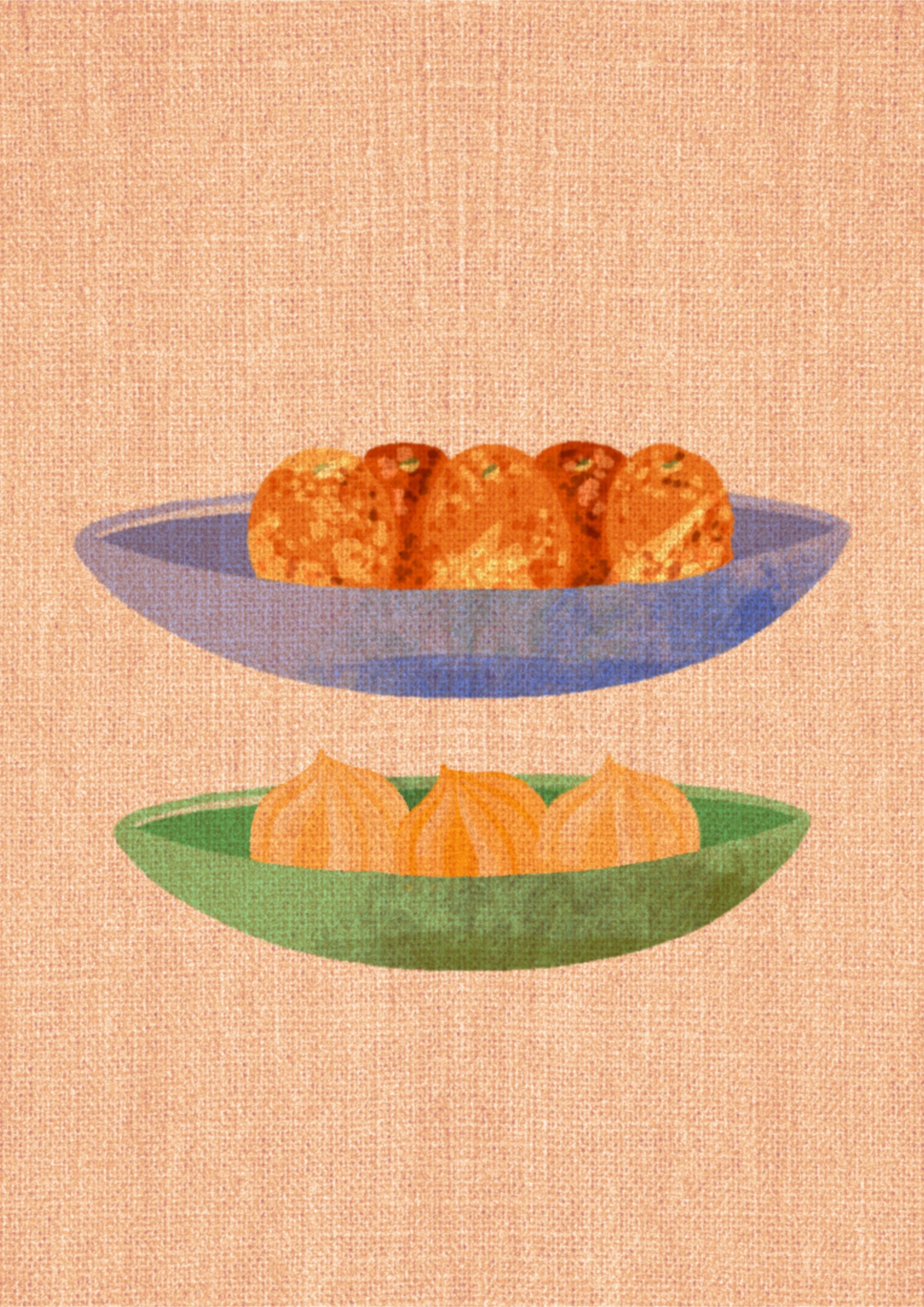 Two bowls of Indian sweets on a pink background, one with orange-colored ladoos and the other with round orange spherical sweets.