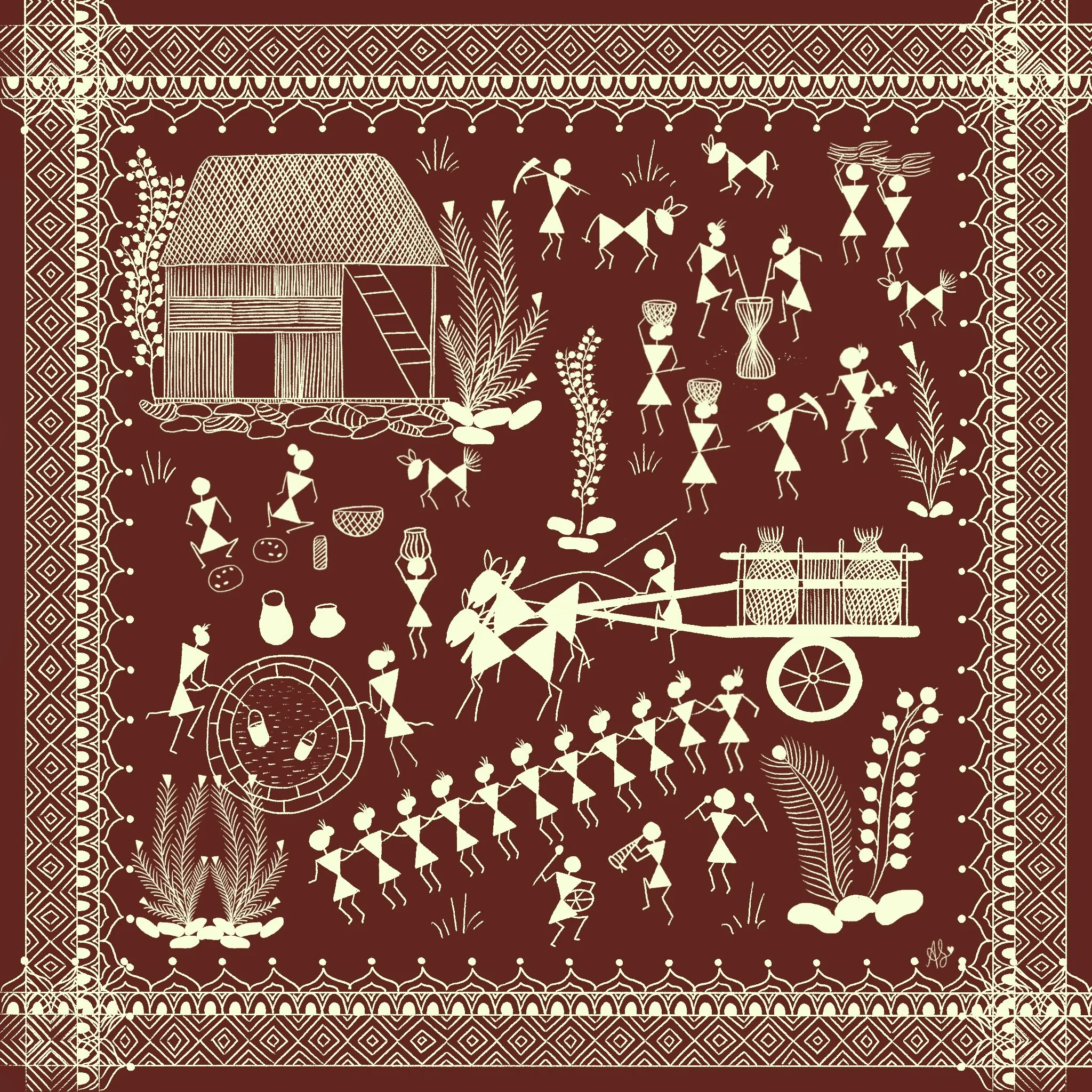 Traditional Indian textile pattern with scenes of dancing, farming, and animal drawings in beige on a brown background.