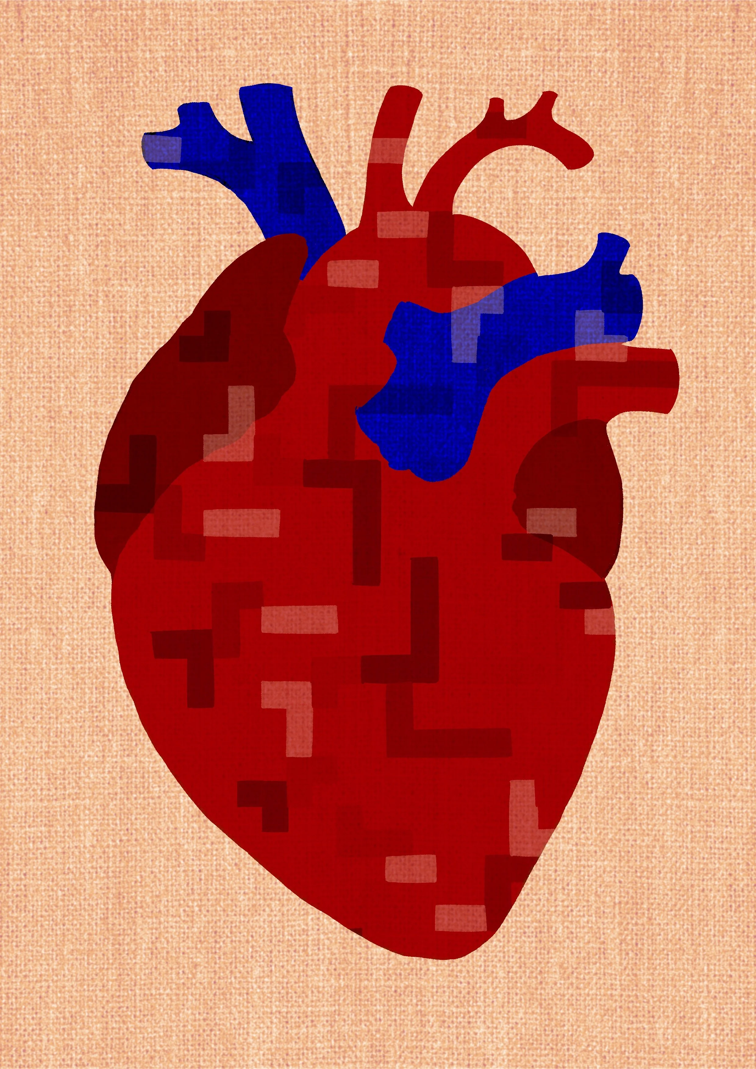 Digital artwork of a human heart with pixelated pattern, colored in red and blue, on a textured pink background.