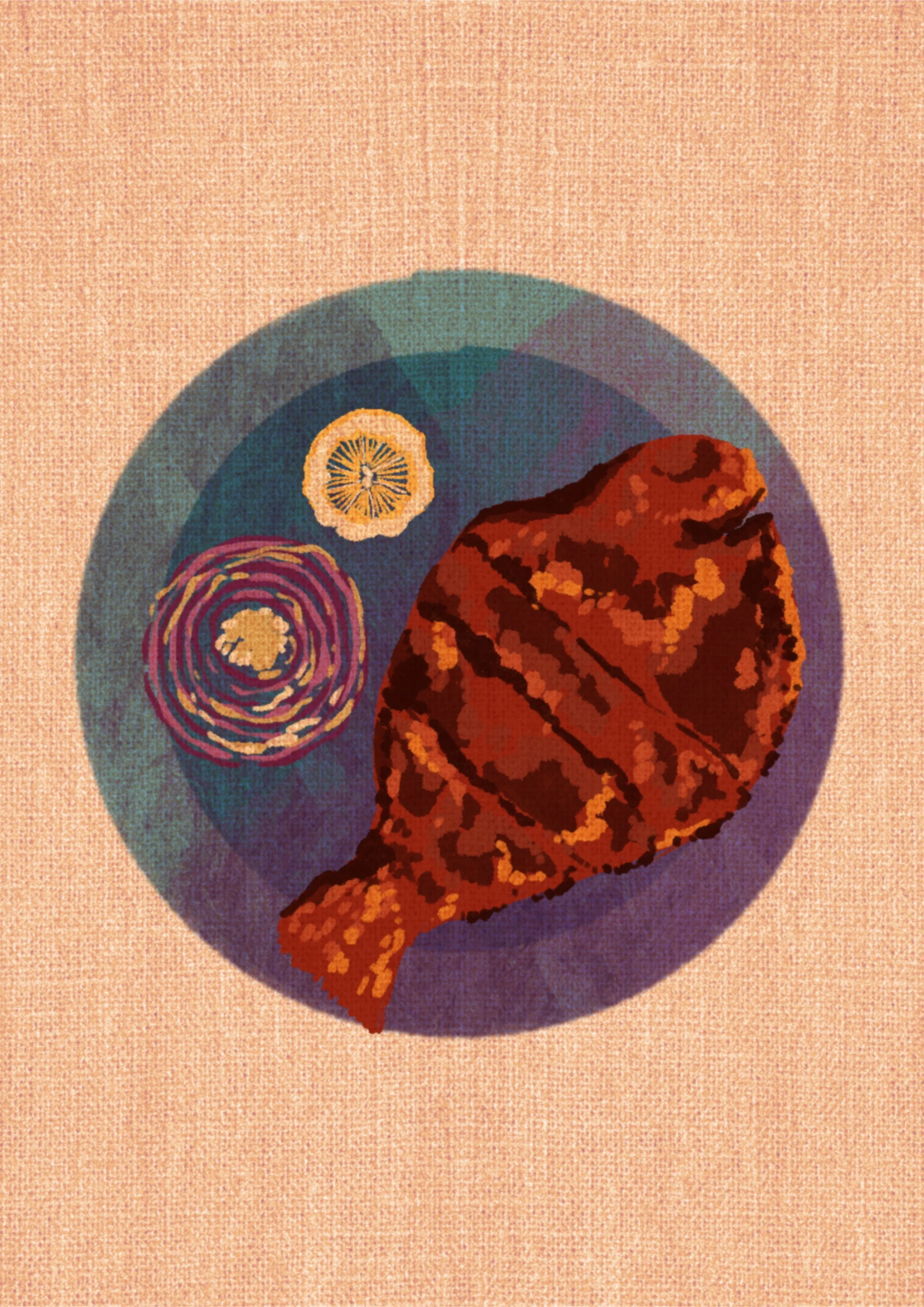 A sketched image of a cooked piece of chicken, a lemon slice, and a spiral of red onion on a blue plate with a beige textured background.