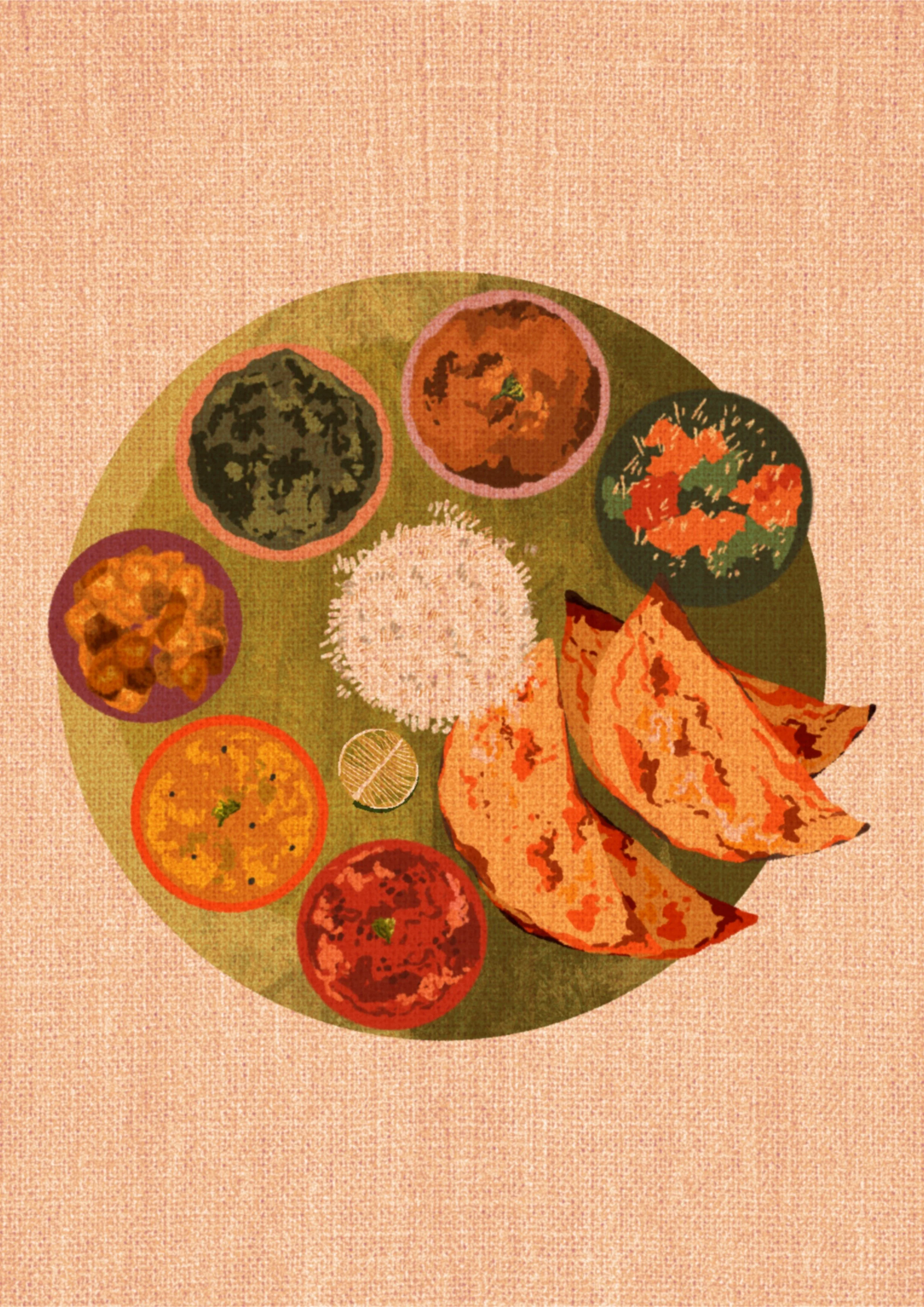 A plate of assorted Indian dishes including rice, various curries, and naan bread. There are multiple bowls with different vegetables and sauces, with three pieces of naan bread on the side.
