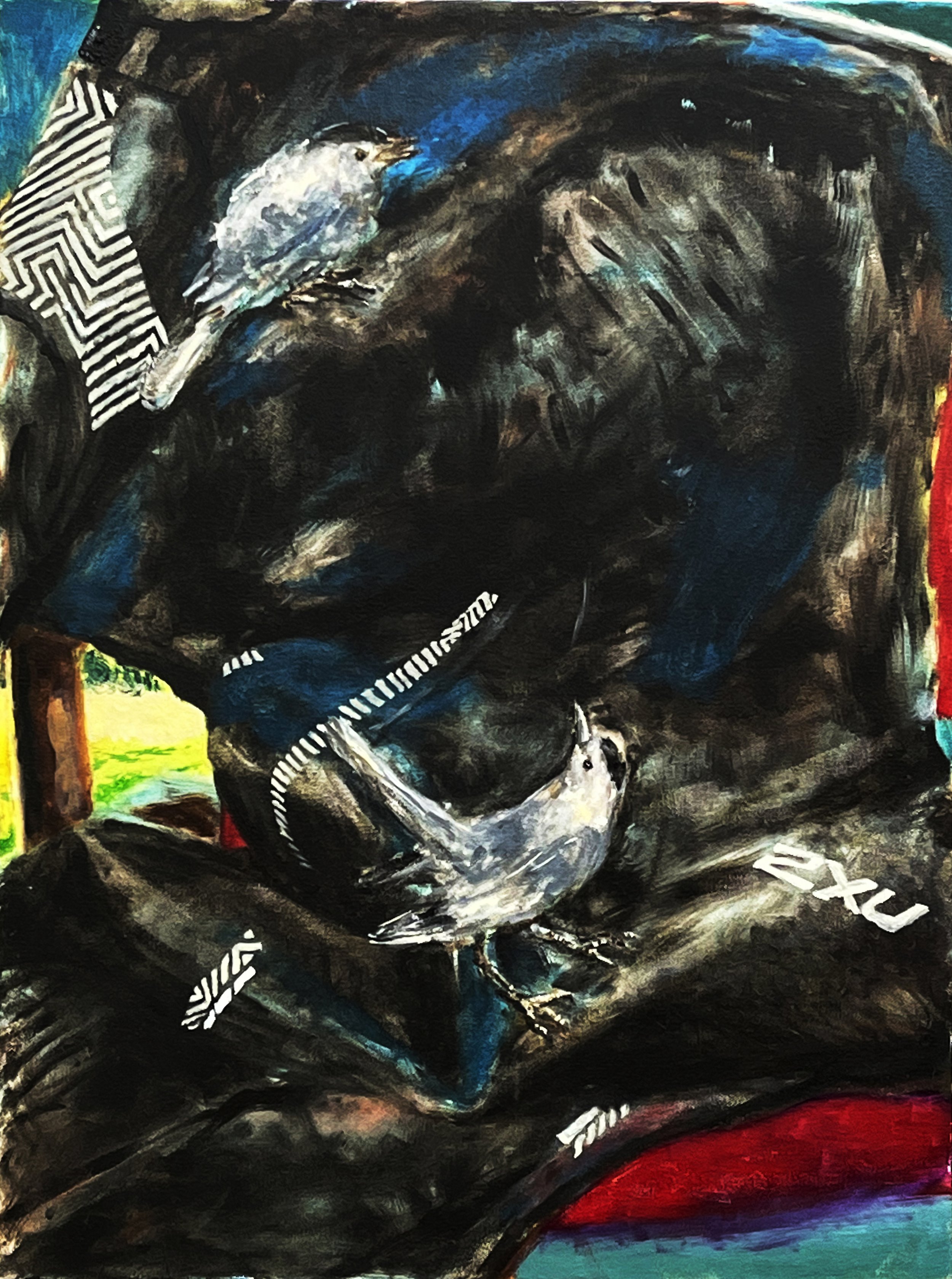 catbirds + wetsuit. 18" x 24". oil on canvas. $1800