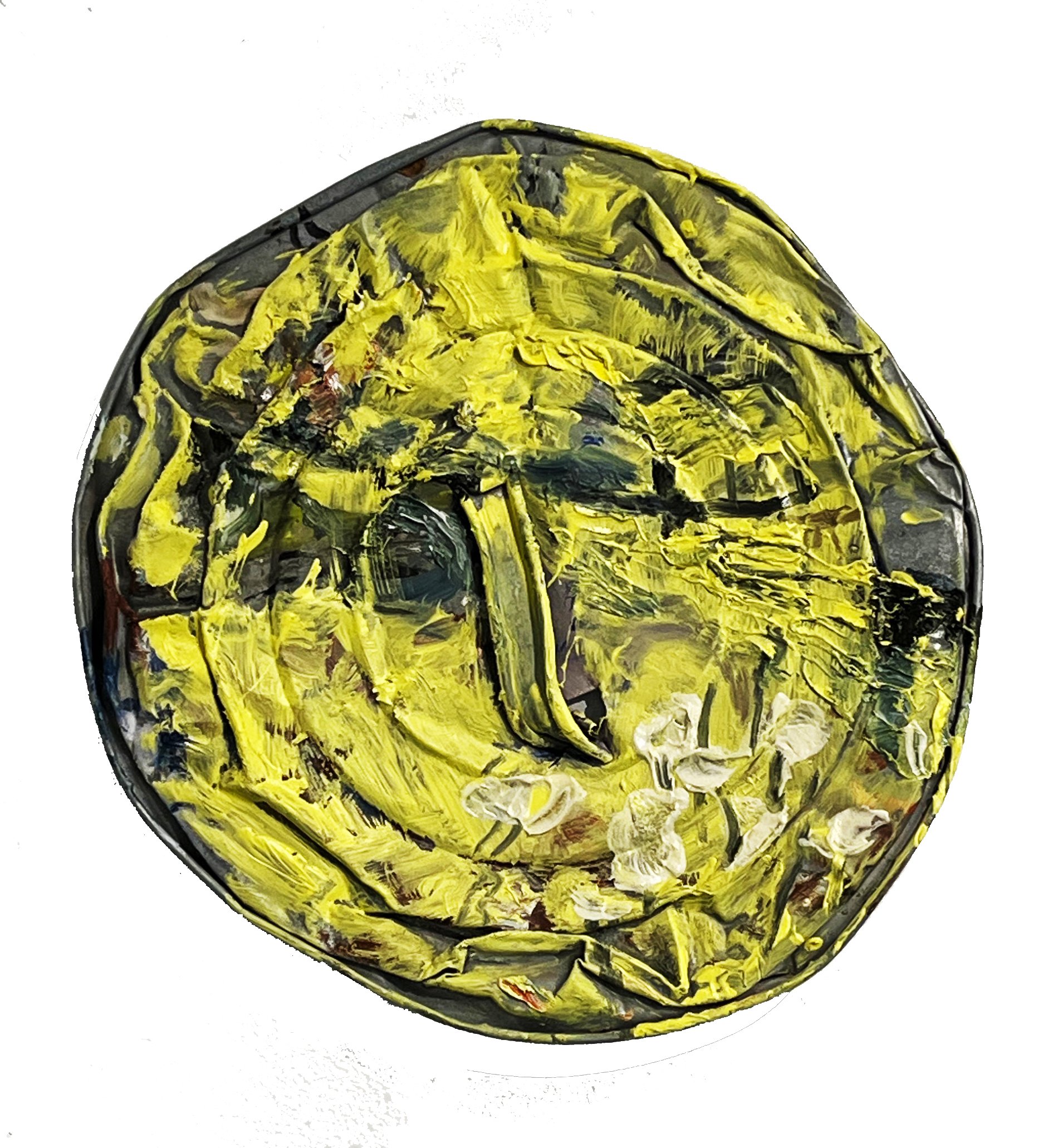 field shield. 16.5" diameter. oil on metal. $650