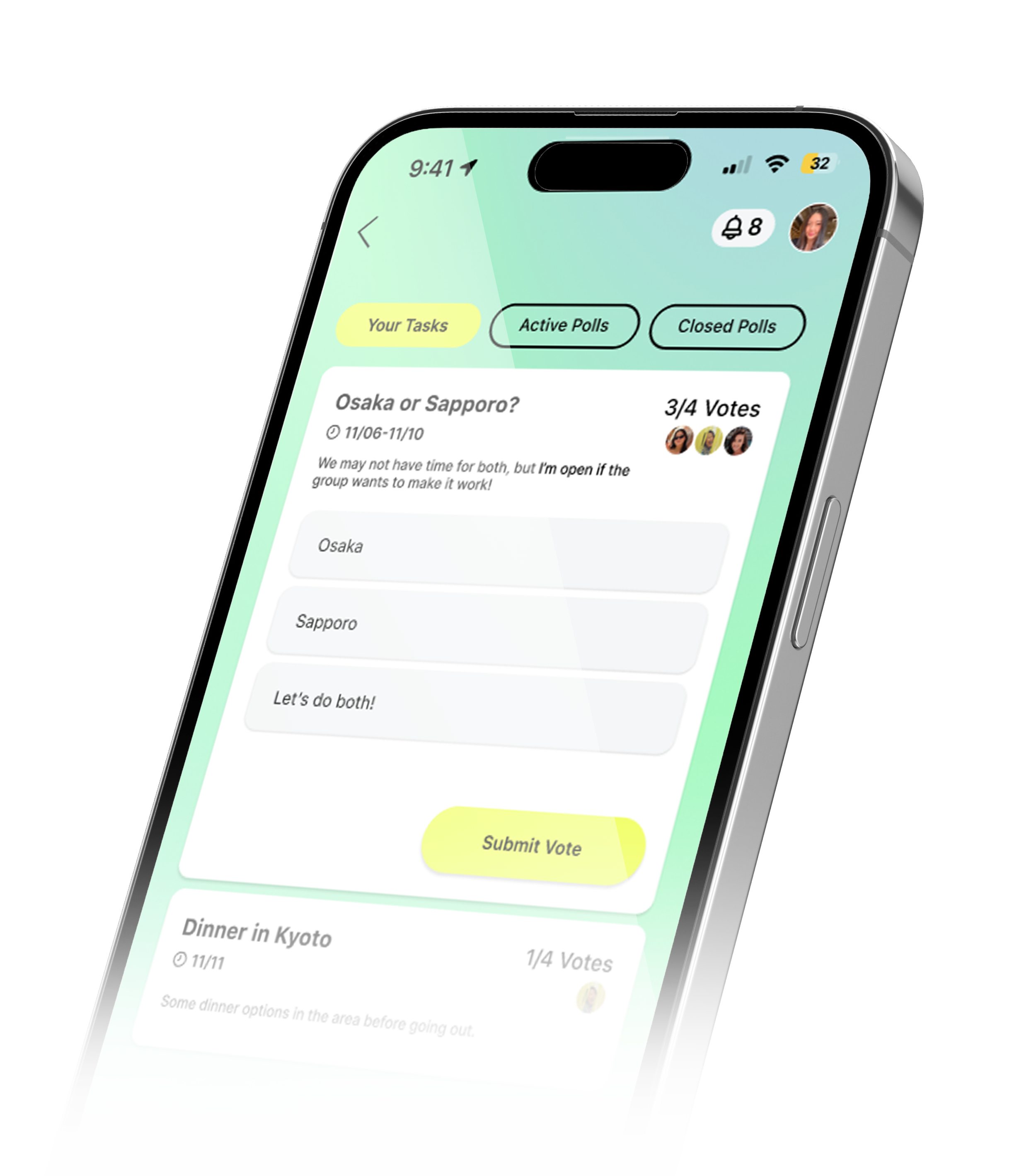 Mobile phone screen showing a voting app interface with polls titled 'Osaka or Sapporo?' and 'Dinner in Kyoto,' including options, votes, and a 'Submit Vote' button.