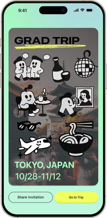 Screen showing a mobile app invitation for a graduation trip to Tokyo, Japan, from October 28 to November 12. The cover features icons of friends chatting, beverages, a globe, a person taking a photo, sunglasses, an airplane, and a bowl of ramen, all over a background of a traditional Japanese temple.