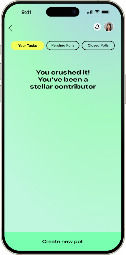 Mobile app screen showing a congratulatory message for contributing, with tabs labeled Your Tasks, Pending Polls, and Closed Polls, and a button at the bottom to create a new poll.
