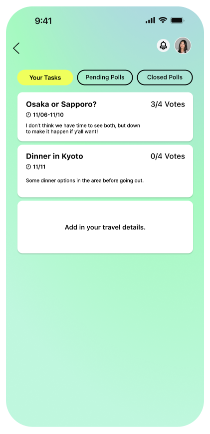 Mobile app screen showing travel planning tasks, including polls for Osaka or Sapporo and Dinner in Kyoto, with options to add travel details.