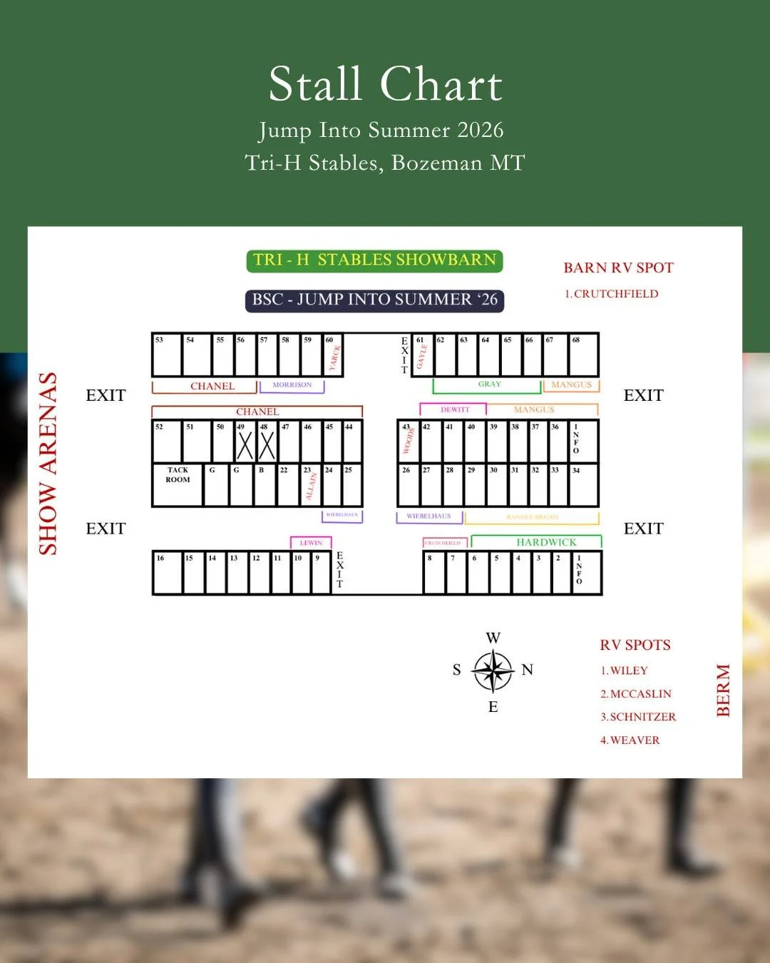 Stall Chart for Jump Into Summer '26 at @trihstables in Bozeman!

Please email any questions to - thebigskyclassicsecretary@gmail.com

#thebigskyclassicmontana #funinthesun #ushjaoutreachshows