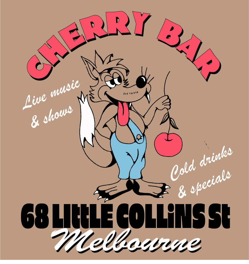 Cartoon wolf holding a cherry, with text promoting Cherry Bar in Melbourne at 68 Little Collins St, offering live music, shows, cold drinks, and specials.