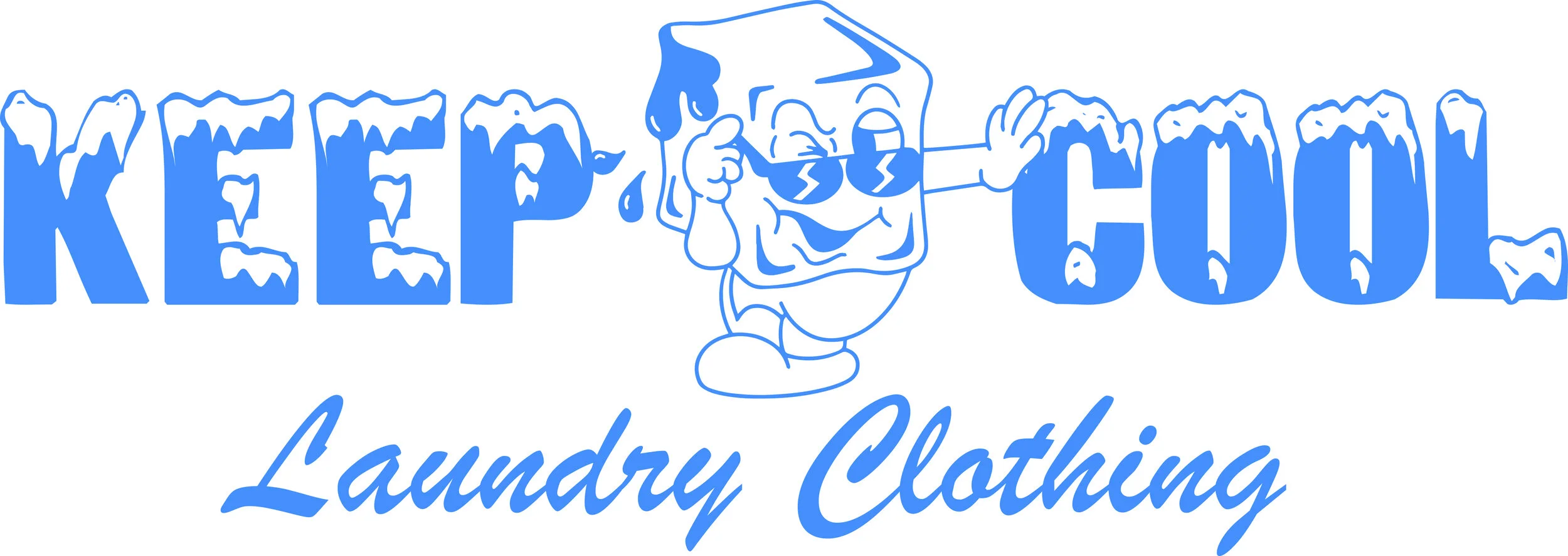 Illustrated logo for "Keep Cool Laundry Clothing" with an ice cube character wearing sunglasses and leaning on the word "Cool". The text and character have a blue, icy design.