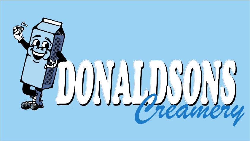 Logo of Donaldsons Creamery featuring a smiling anthropomorphic milk carton character in black and white on a blue background.