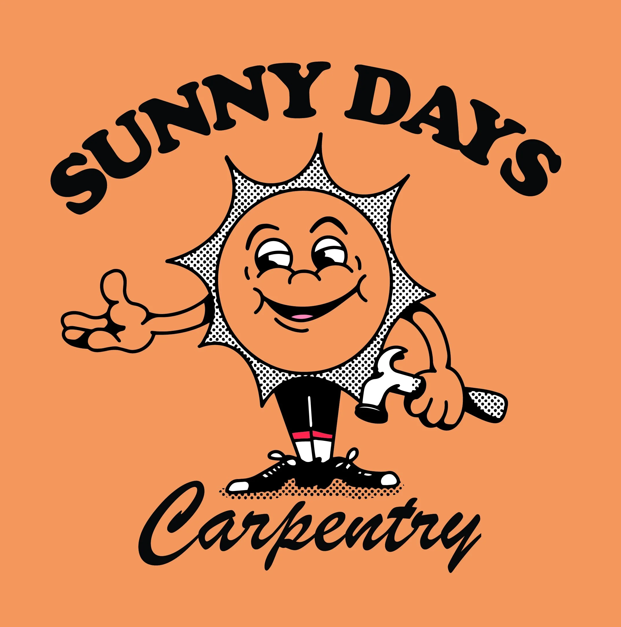 "Sunny Days Carpentry" logo with a smiling sun cartoon holding a hammer.