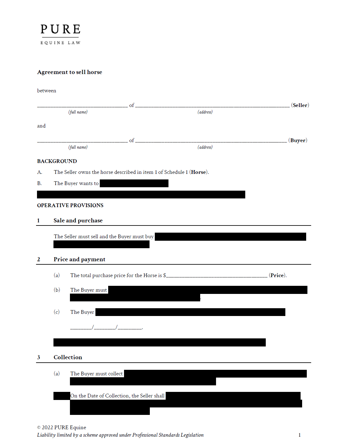 PURE Equine Horse Sale Agreement Payment Plan