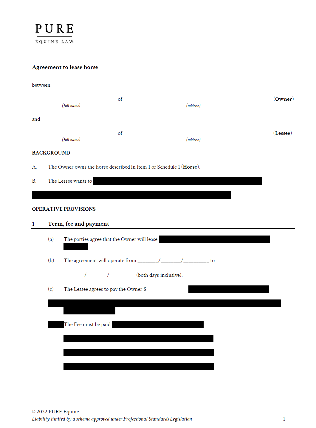 PURE Equine Horse Lease Agreement Standard