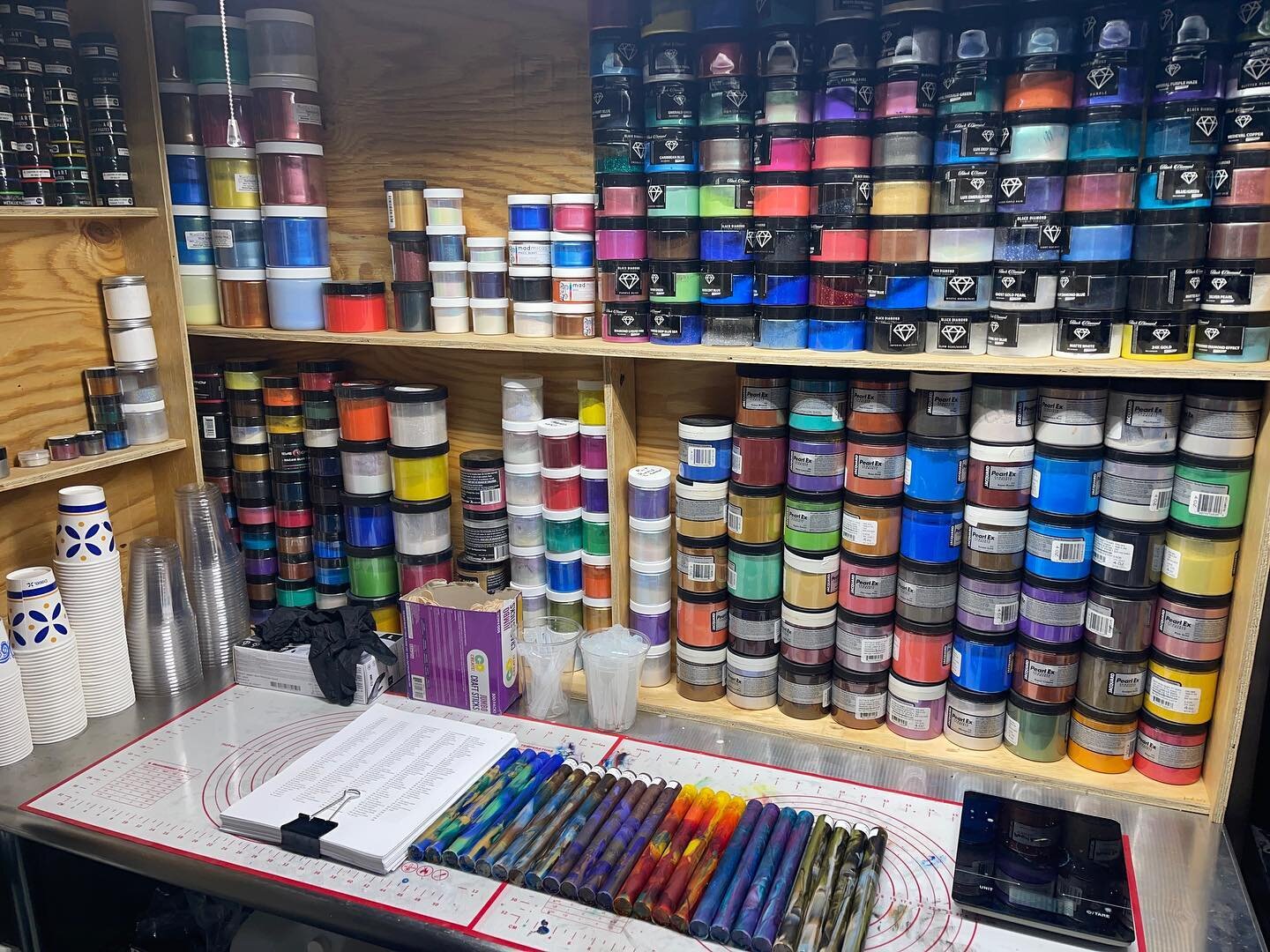 Been a hectic couple weeks!  Had to tear down the entire shop to have some work done, but it was a good opportunity to reorganize.  Finally have a dedicated casting station where I can have all my micas, dyes, etc in arms reach (was working out of bo