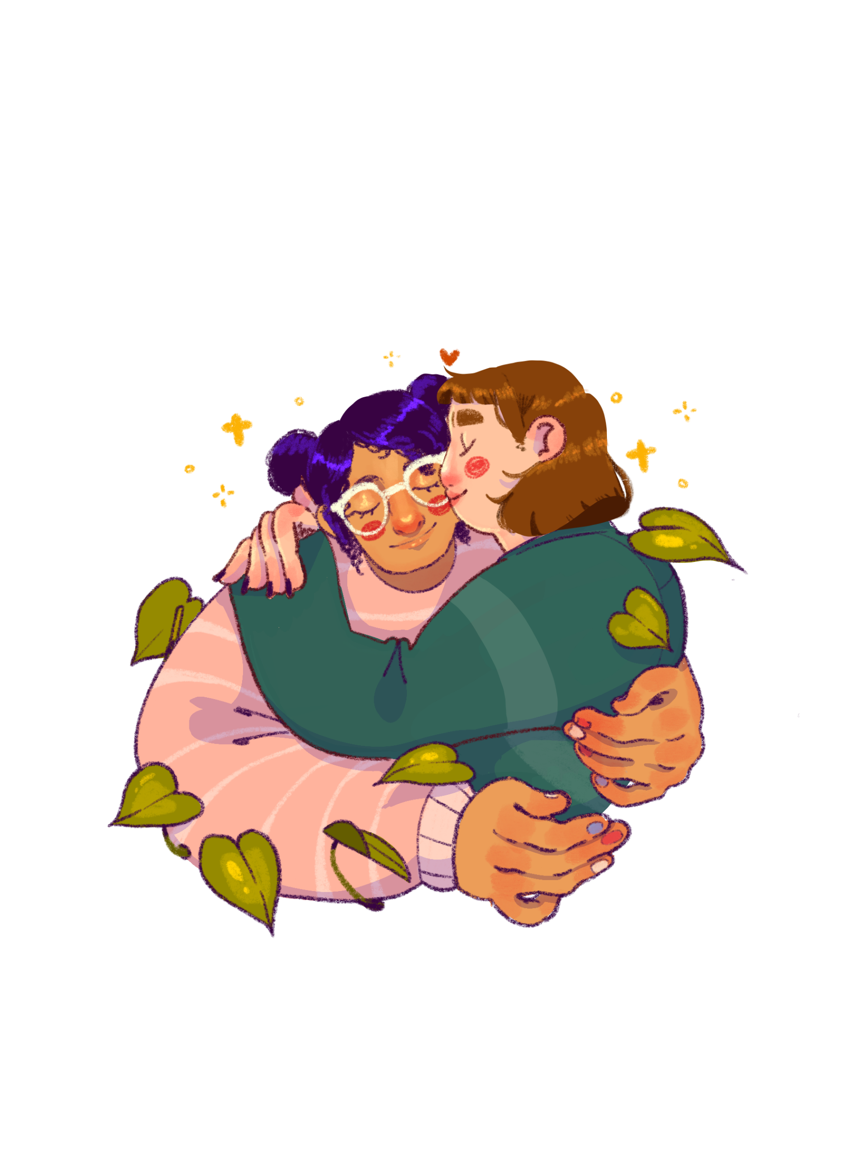 Two women hugging and smiling, with one woman kissing the other's cheek, surrounded by green leaves. Neurodivergent affirming couples therapy in Portland, OR.