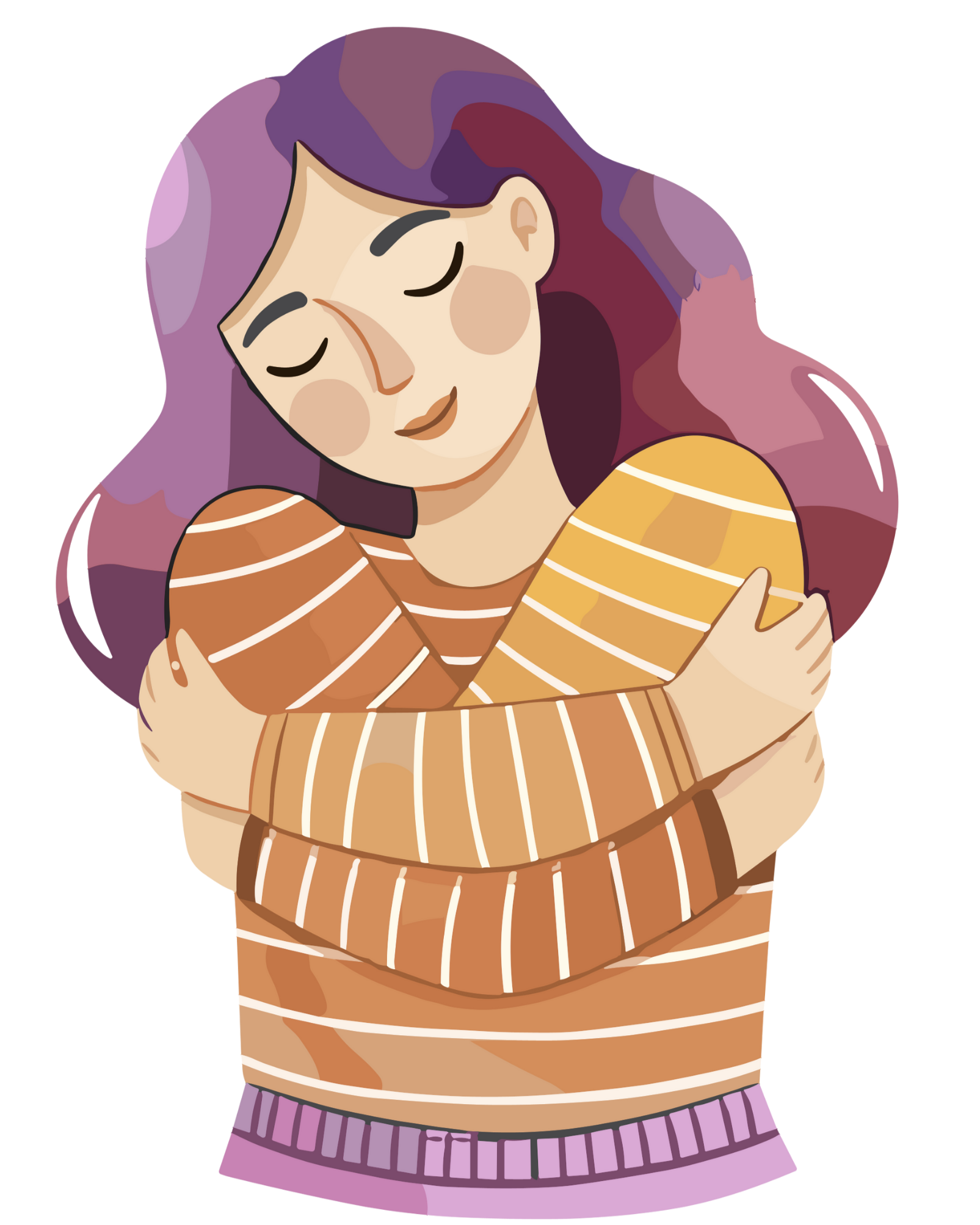 A girl with purple hair hugging two striped pillows.
