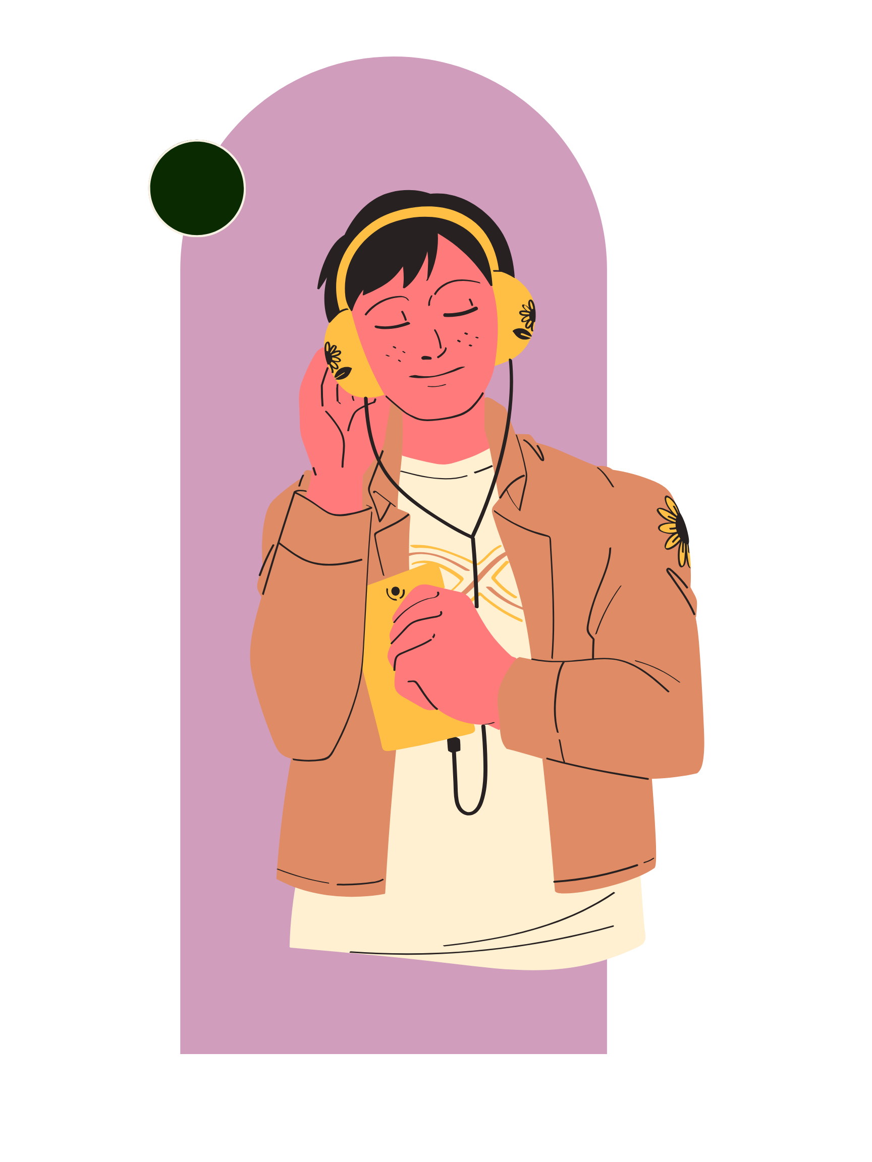 A person listening to music with headphones, holding a yellow phone, wearing a brown jacket with flower patches, and smiling with closed eyes. Adult Autism and ADHD assessment in Portland, OR.