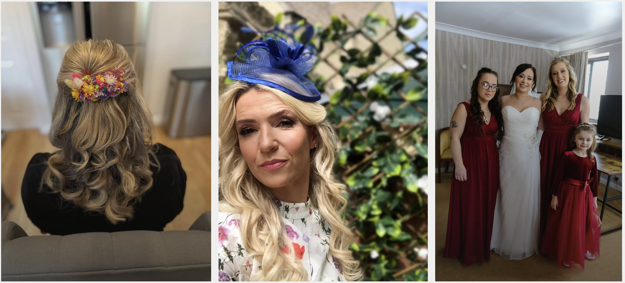 Triptych of images: First shows the back of a woman with wavy blonde hair decorated with a colorful flower hairpiece, sitting on a couch. Second is a close-up of a woman with wavy blonde hair wearing a blue fascinator, outdoors with greenery. Third d