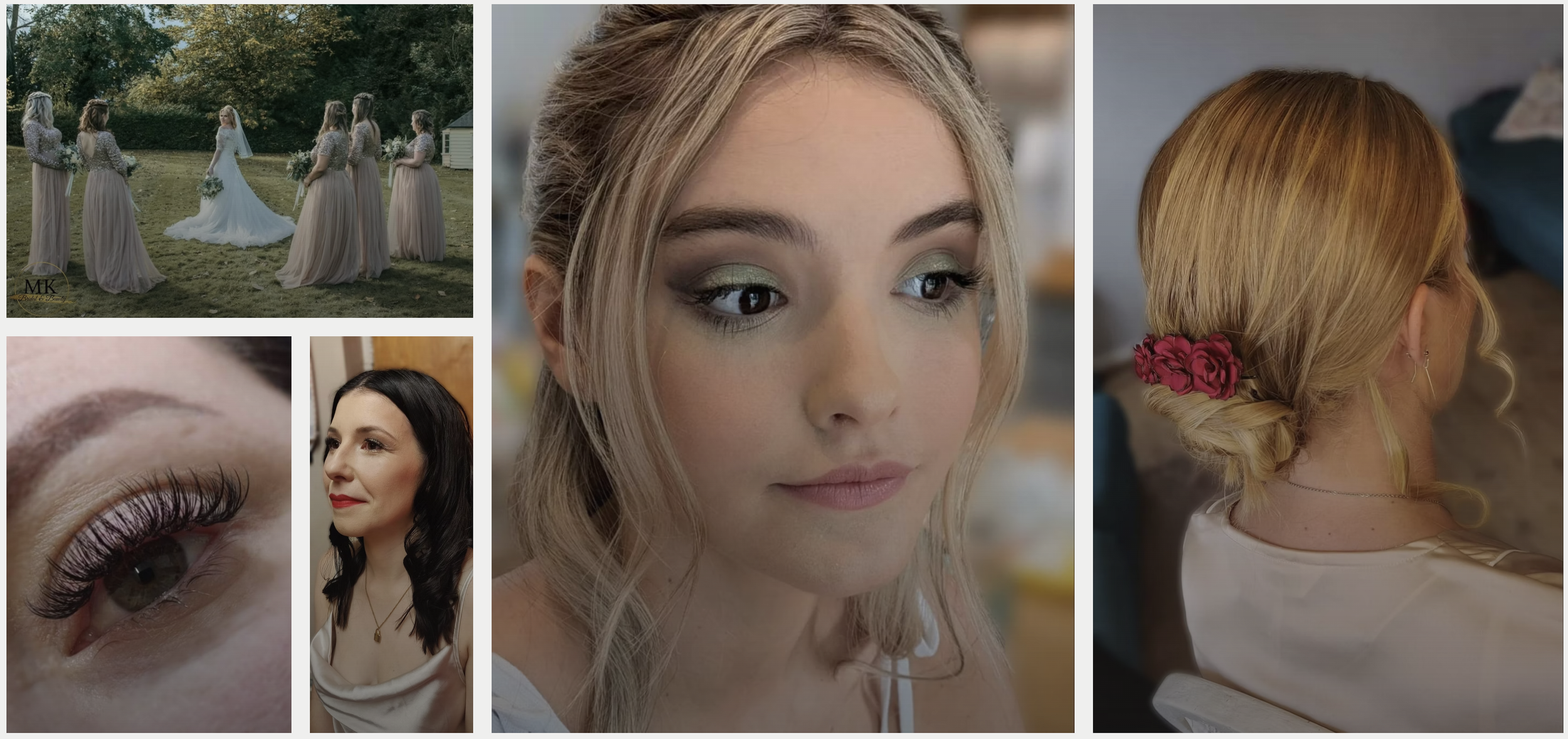 A collage featuring images of women, including a bride and bridesmaids, with close-up of eye makeup and hairstyle details.