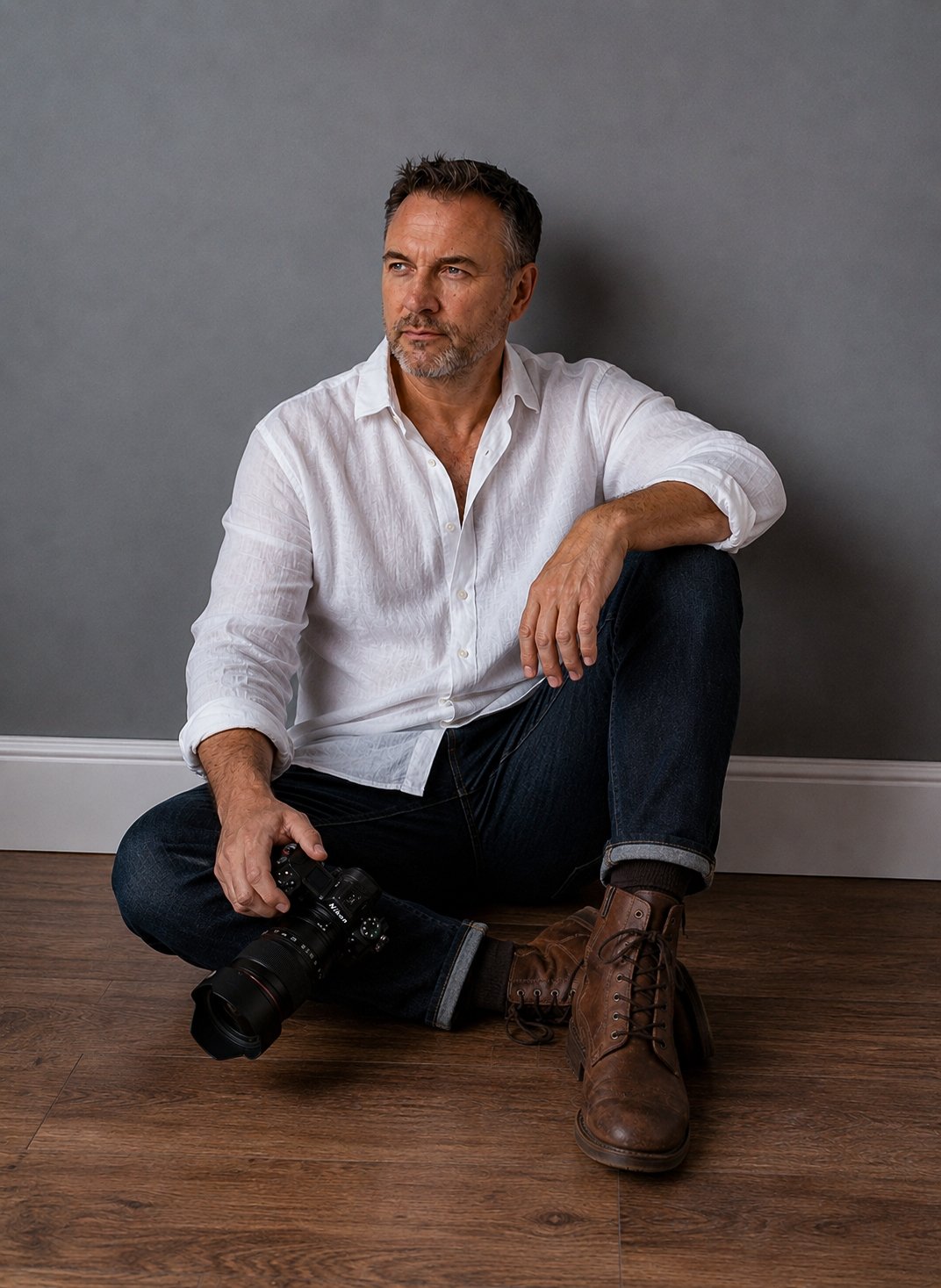 Oxfordshire Wedding Photographer Darren Weston, sitting on the floor in his studio in Abingdon