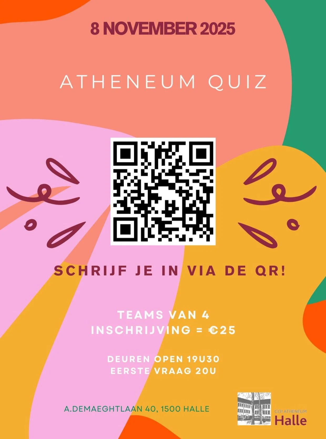 Beste oud-leerlingen, vrienden van het Atheneum en fervente quizliefhebbers,

Het is weer zover! Het Atheneum van Halle opent de deuren voor een gezellige quizavond op zaterdag 8 november 2025. Een ideaal moment om herinneringen op te halen, oude bek