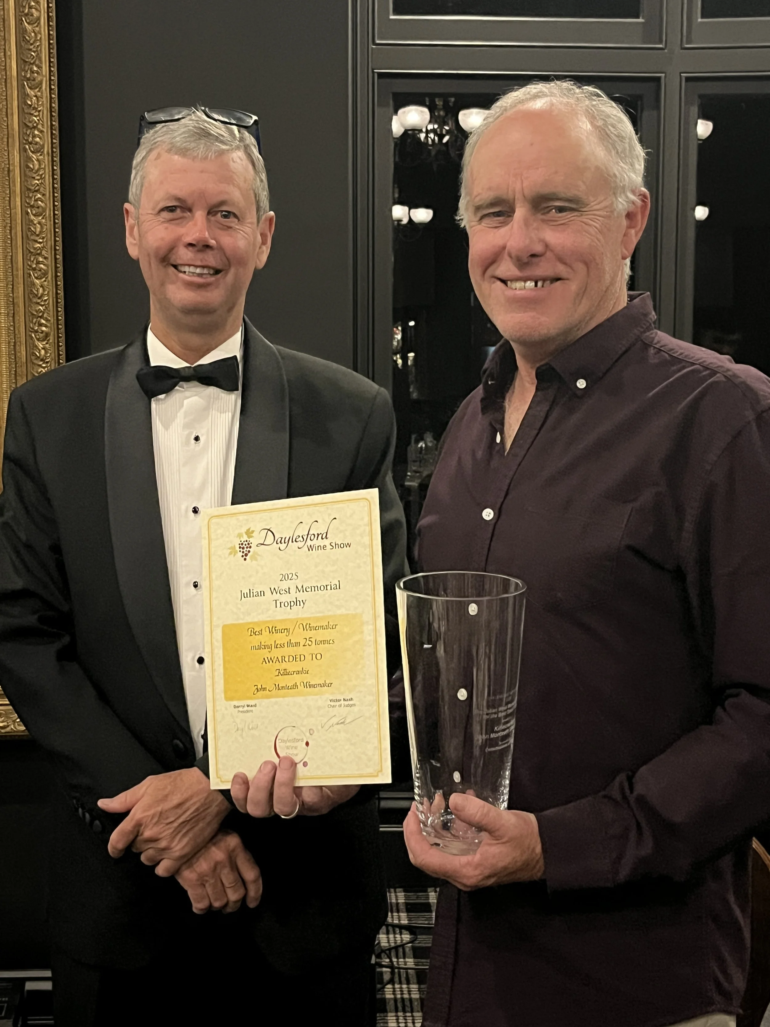 2025 Julian West Memorial Trophy - Sponsored by Cellarbrations @ Foxxy’s
Killiecrankie Wines: Winemaker: John Monteath
Awarded to a small winery (