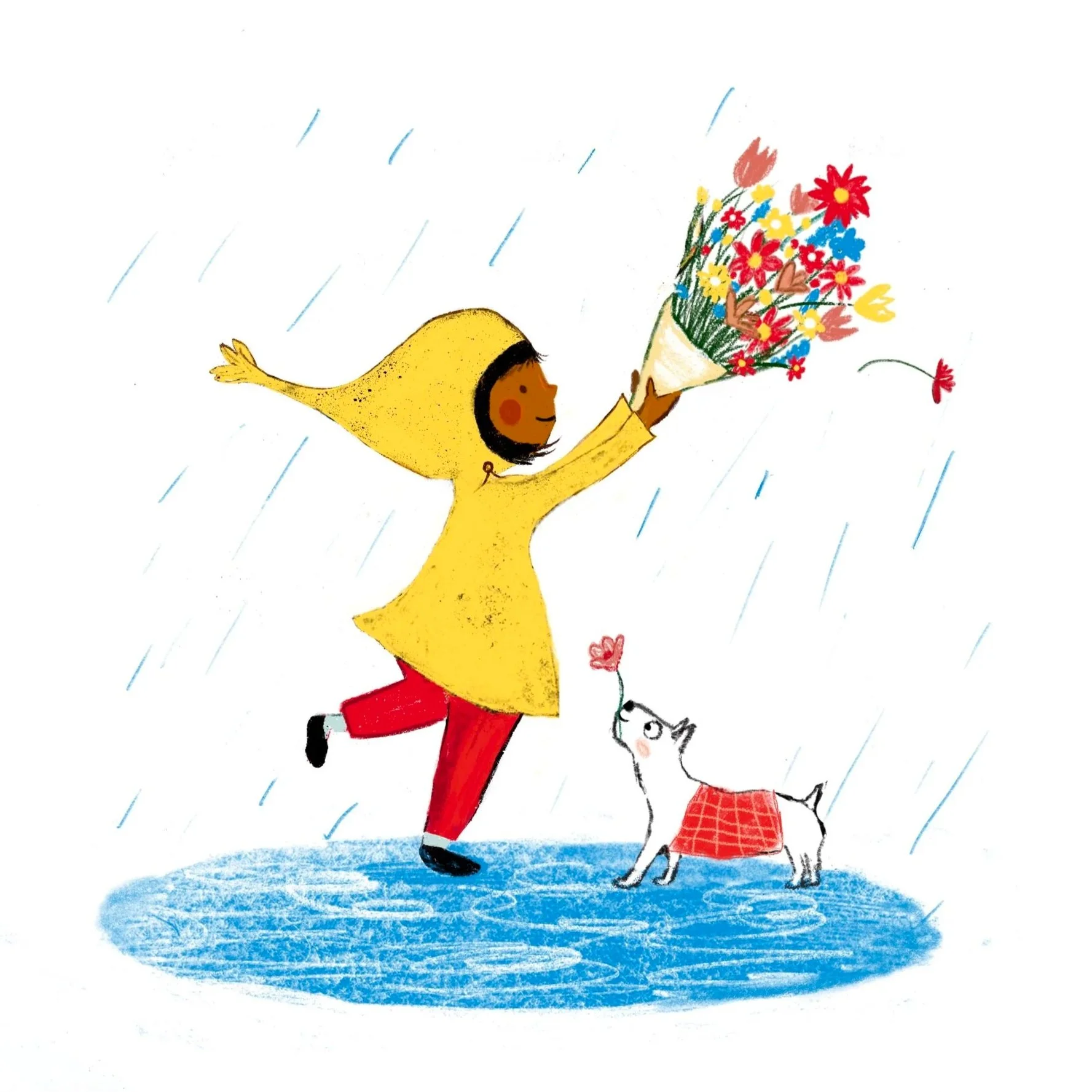 Illustration of a child in a yellow raincoat and red boots with a hood, holding a large bouquet of flowers, running in the rain alongside a small dog wearing a red plaid coat, with rain falling around them and a blue puddle on the ground.