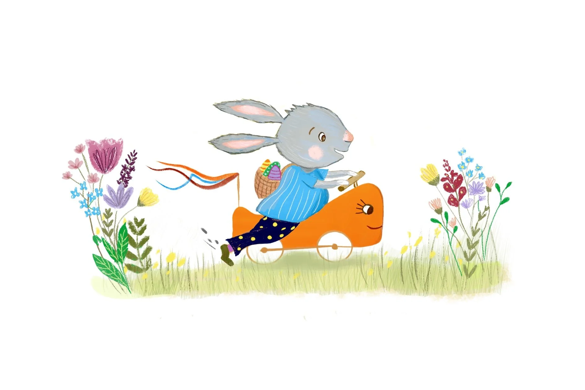 A childlike illustration of a bunny riding a scooter through a field of colorful flowers, carrying a basket with Easter eggs.