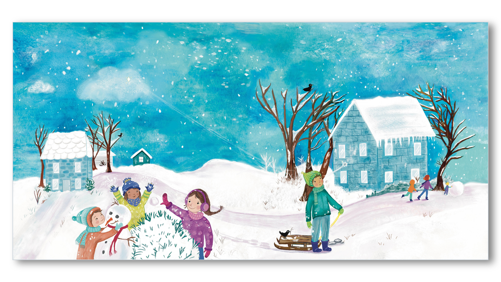 Illustration of children playing in the snow with a snowman, sled, and houses in a winter scene decorated with snow and snow-covered trees.