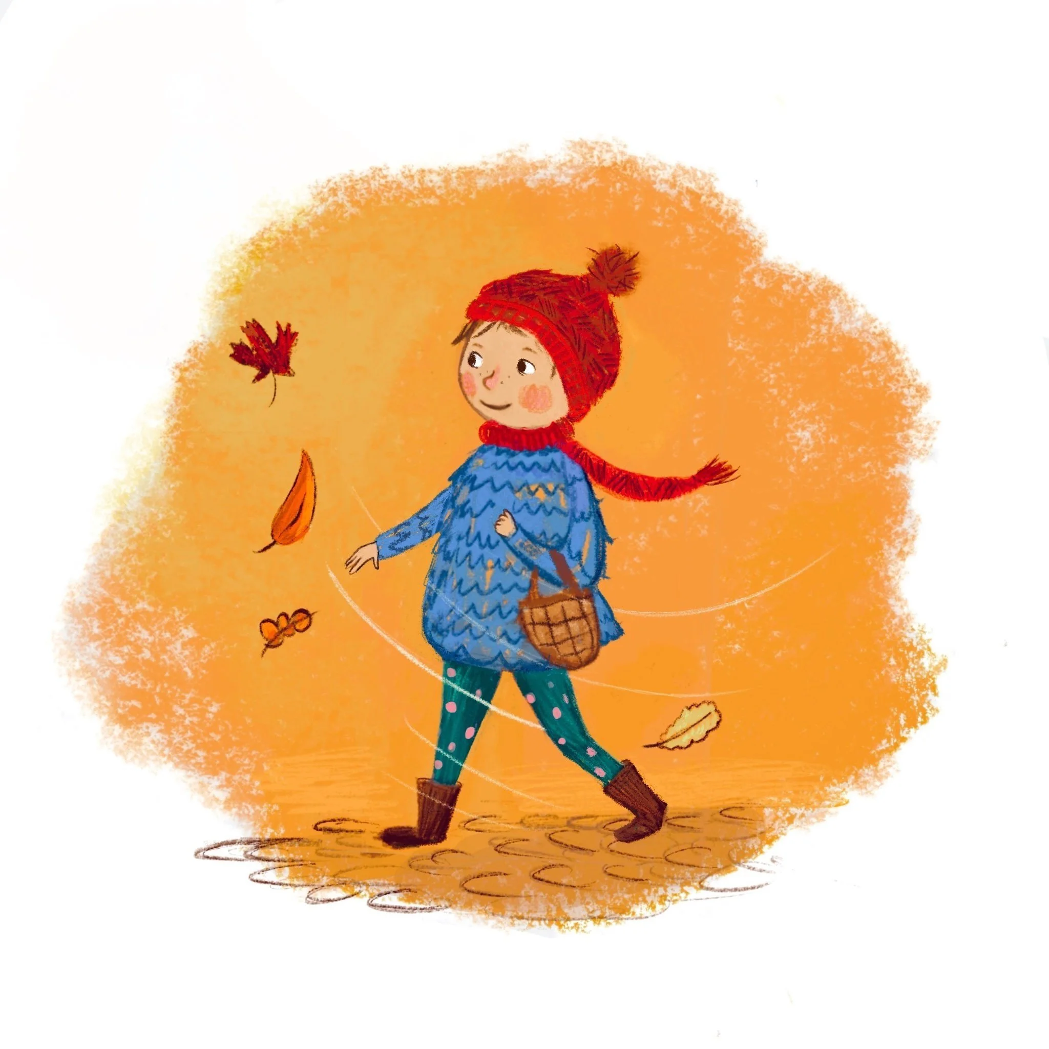 Illustration of a cheerful child with a red knit hat and a blue scarf, standing outdoors with falling leaves on an autumn day.