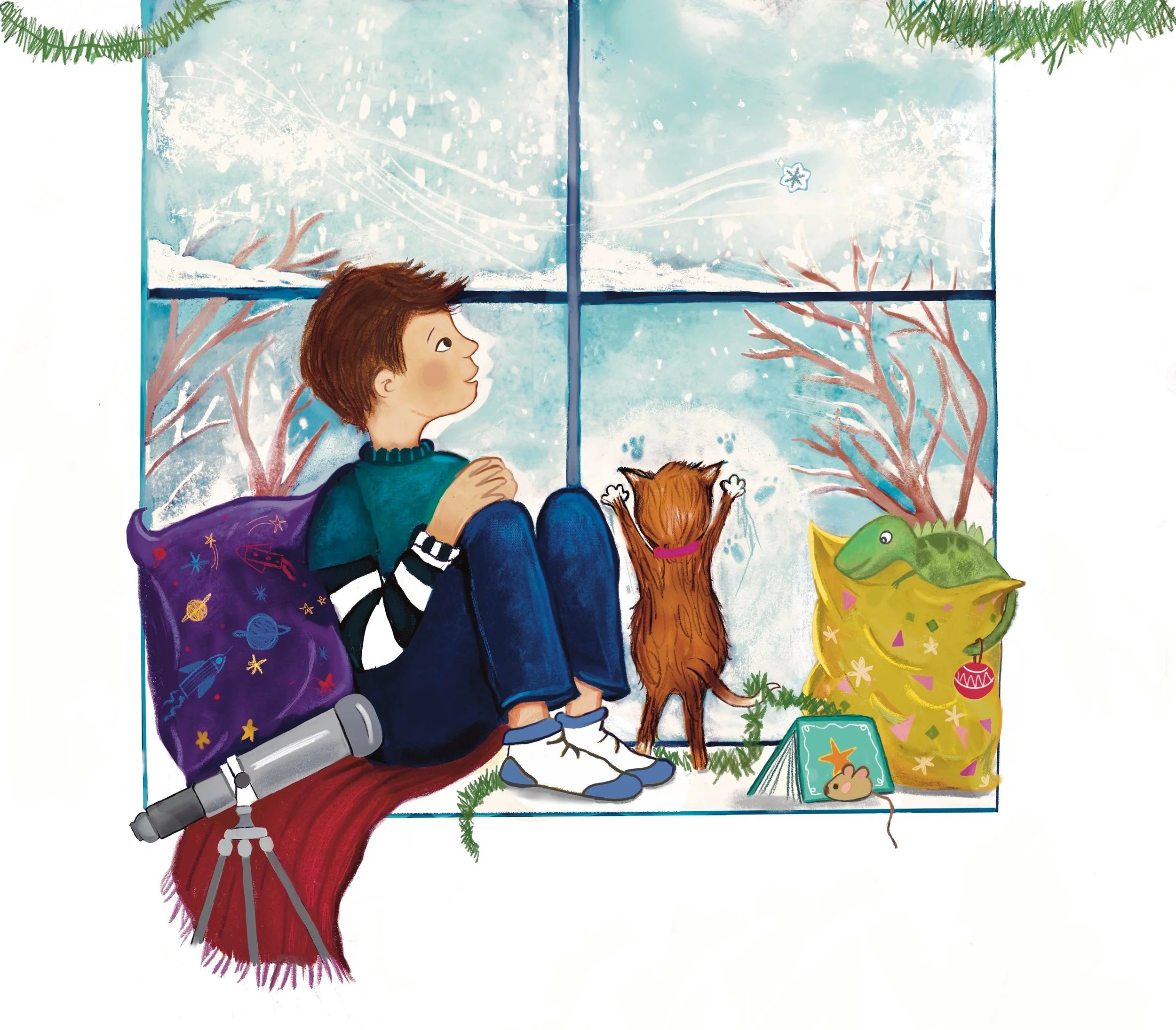 A boy with brown hair, sitting on the floor near a window on a snowy day. He's looking outside at the snow and winter trees. A small dog is sitting beside him, and nearby are toys including a green dinosaur, a yellow bag, and a framed picture of a mouse. The scene is decorated with holiday garlands.