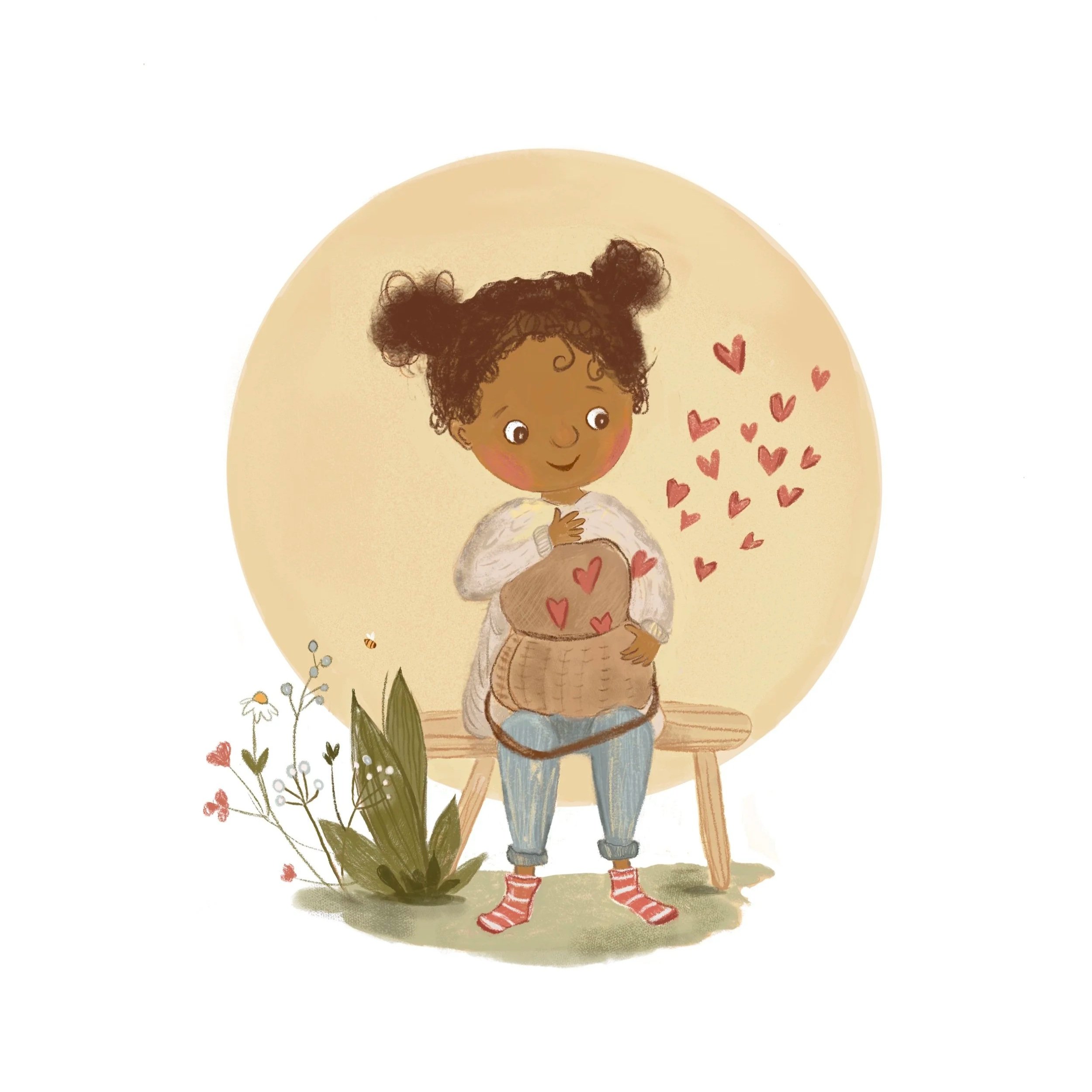 A drawing of a young girl with curly dark hair in two buns, wearing a long-sleeve white shirt, denim pants, and red striped socks, holding her stomach and smiling, with pink hearts floating around her.