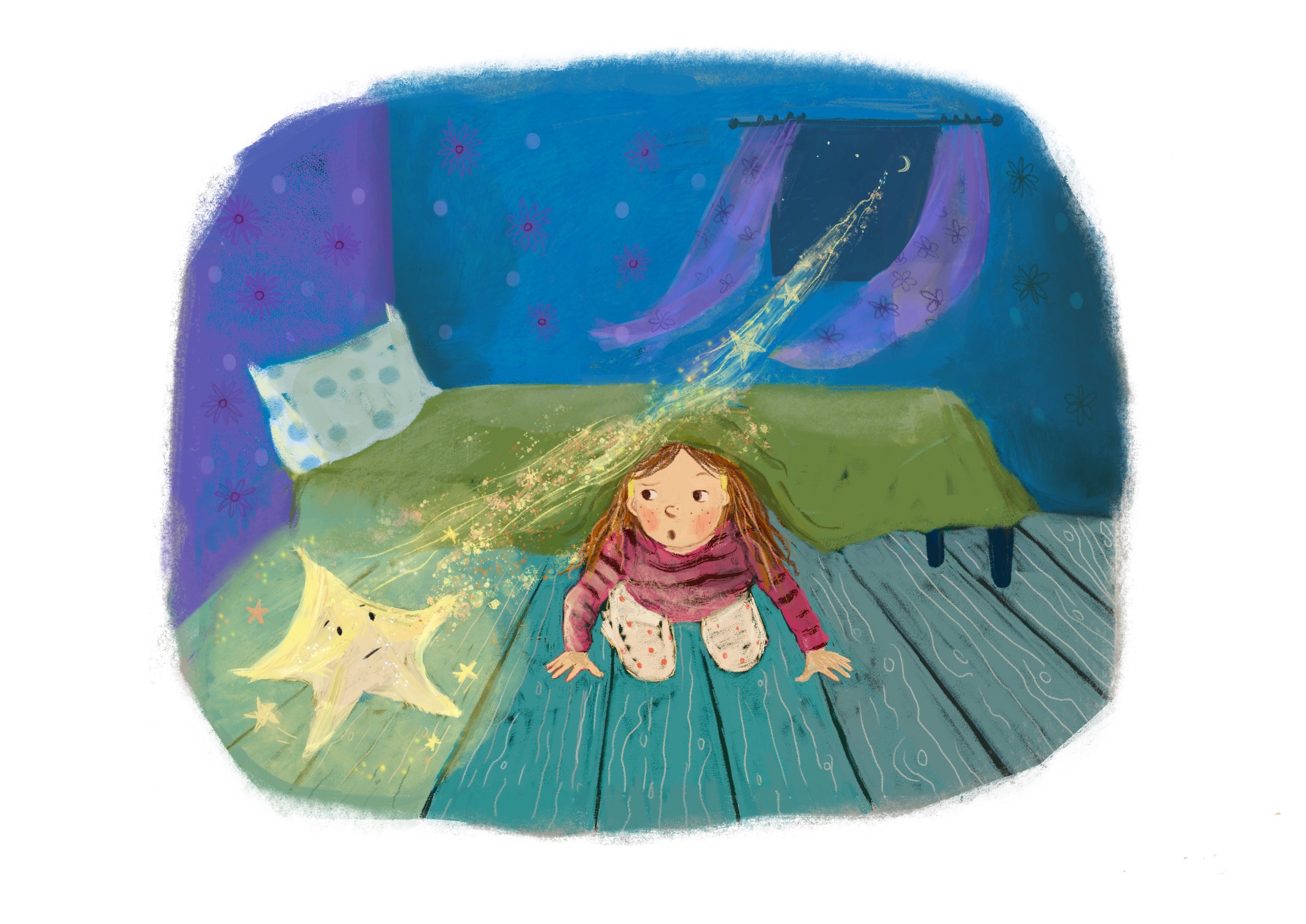 Illustration of a young girl with long hair, wearing a striped shirt and patterned pants, sitting on the floor looking up, surrounded by a dreamy night sky with stars, moon, and a streak of light resembling magical particles.