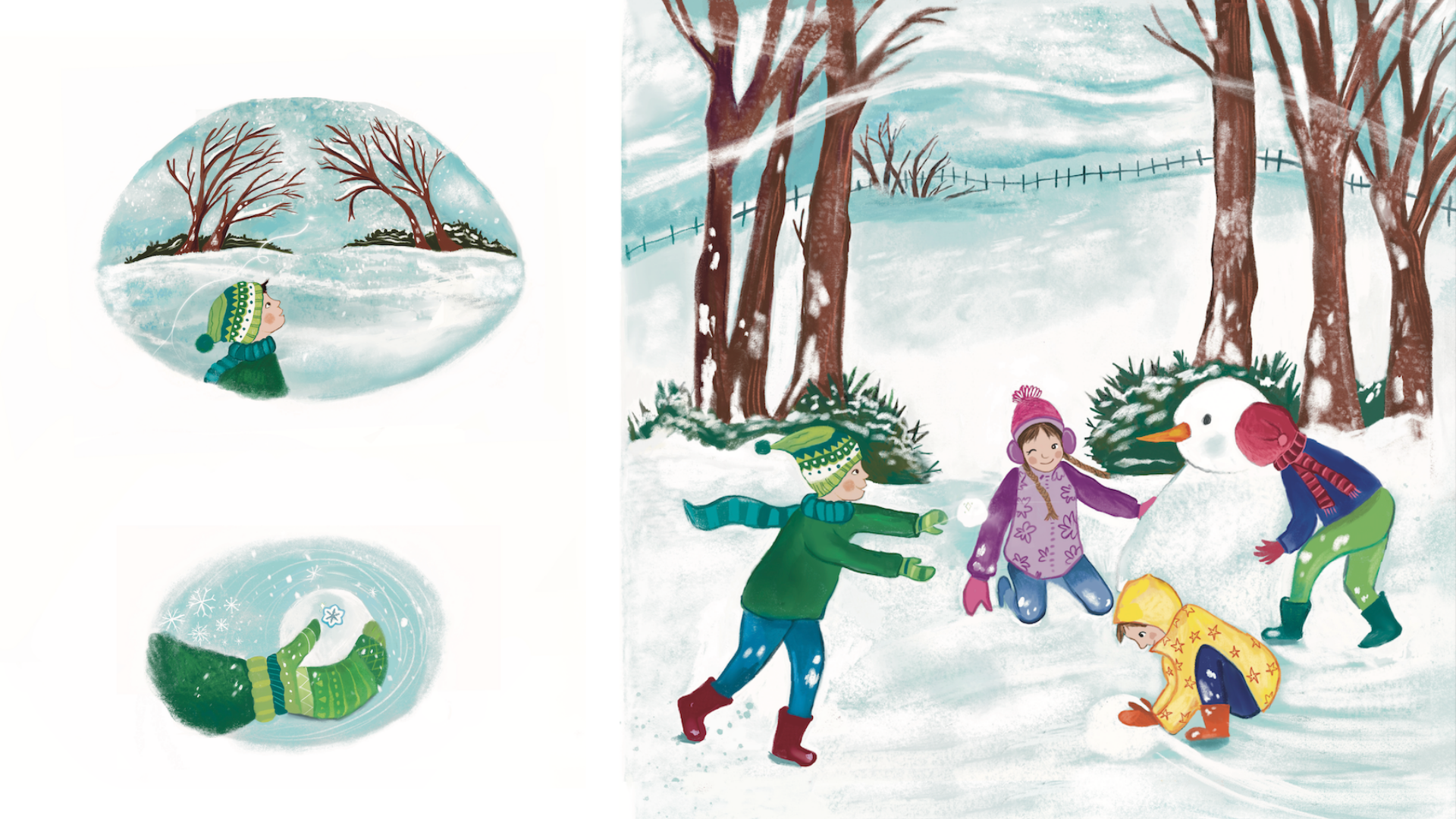 Illustration of children playing in the snow, building a snowman, and having fun outdoors on a snowy winter day.