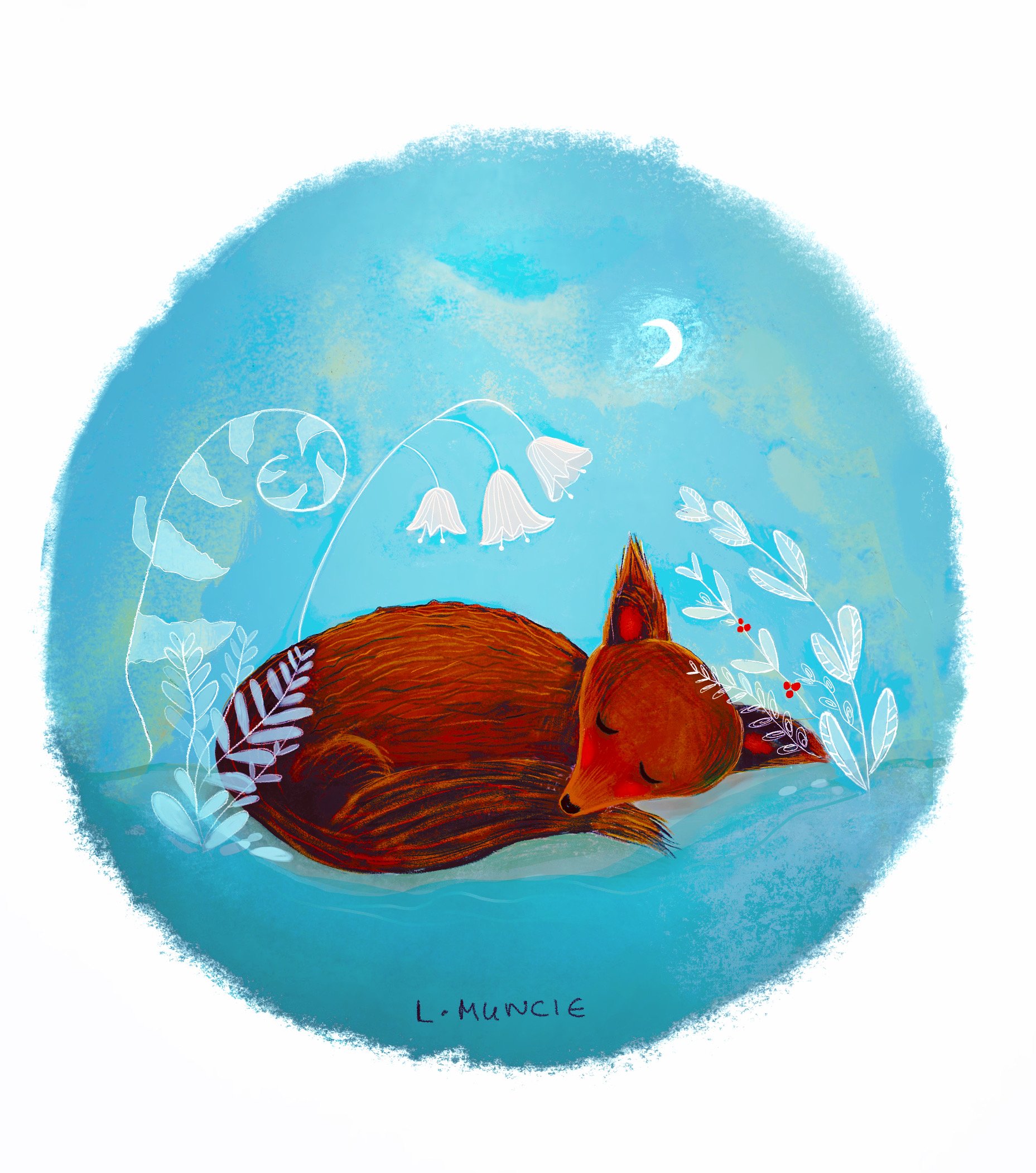 A digital illustration of a sleeping fox curled up on a red rock, surrounded by white outline drawings of various leaves, flowers, and a crescent moon, with a gradient blue background.