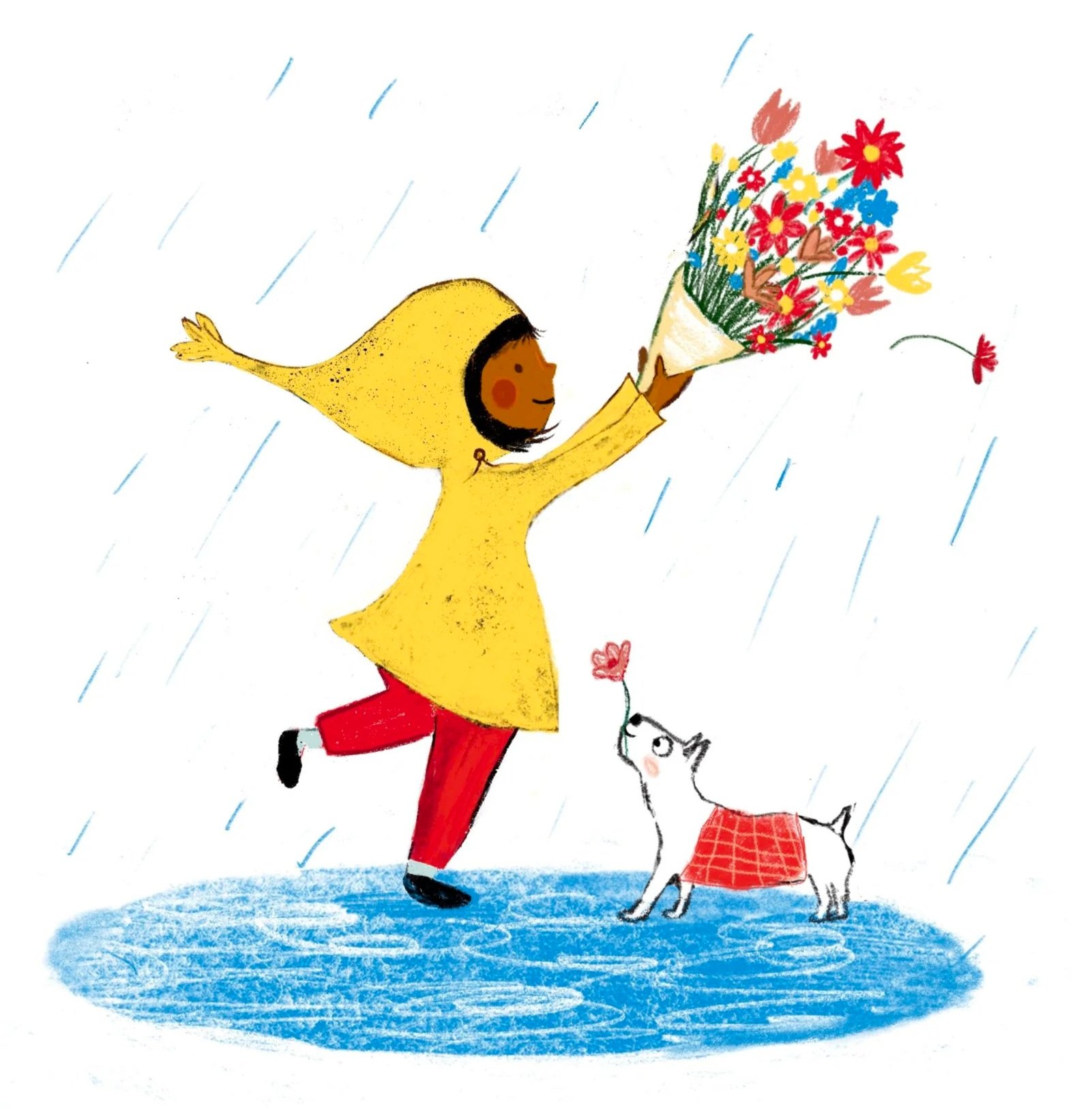 Illustration of a child in a yellow raincoat and red pants runs through the rain holding a bouquet of colorful flowers, with a white dog wearing a red checkered coat nearby.