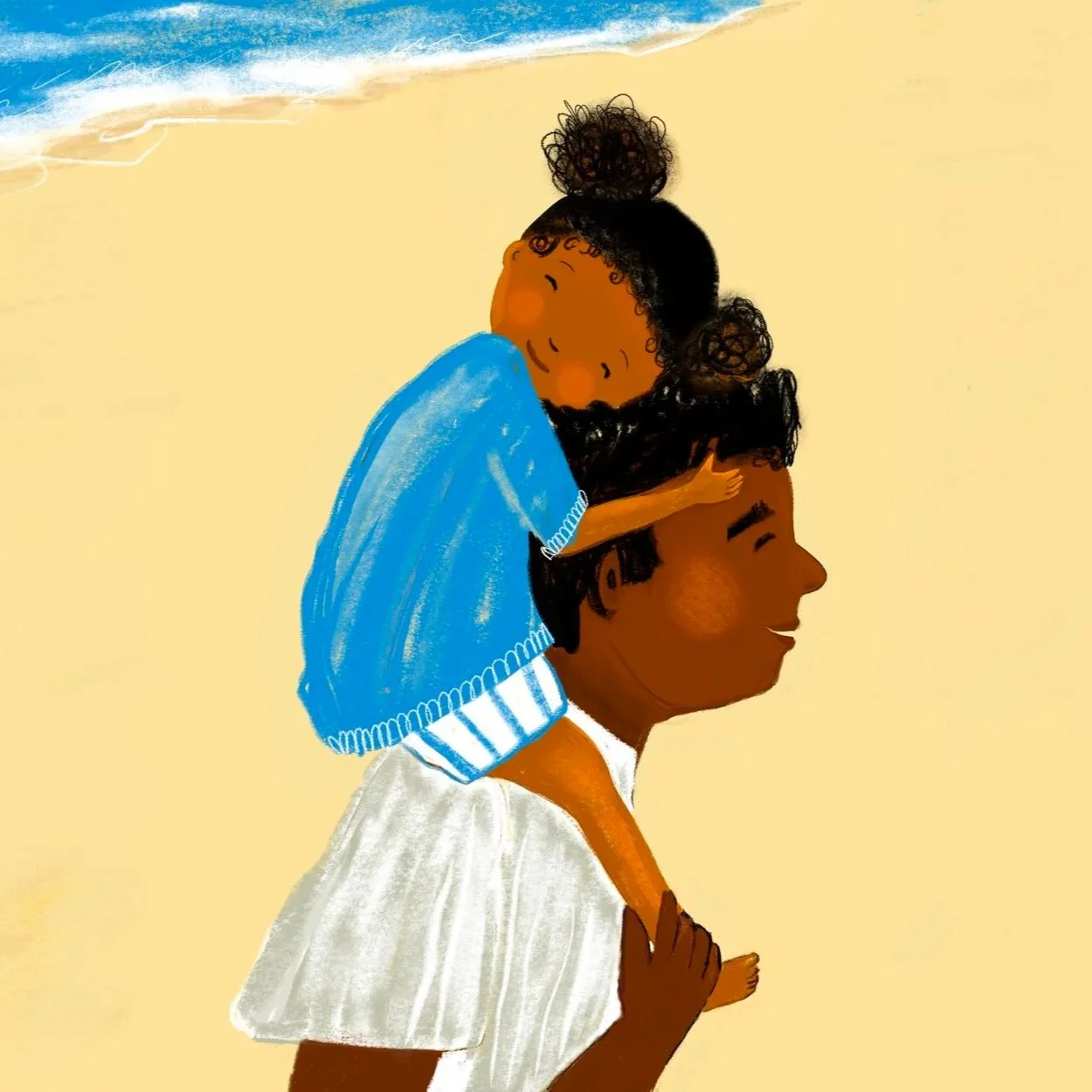 An illustration of a man carrying a young girl on his shoulders at the beach, with waves in the background.
