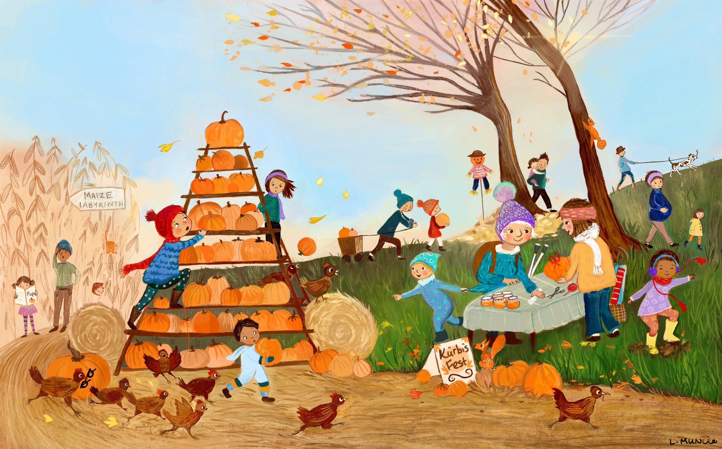Children and adults celebrating an autumn festival with pumpkins, hay bales, and chickens in a farm setting. Children are playing, picking pumpkins, and riding on a hay ladder, while adults are chatting and enjoying the day. There are trees with fall