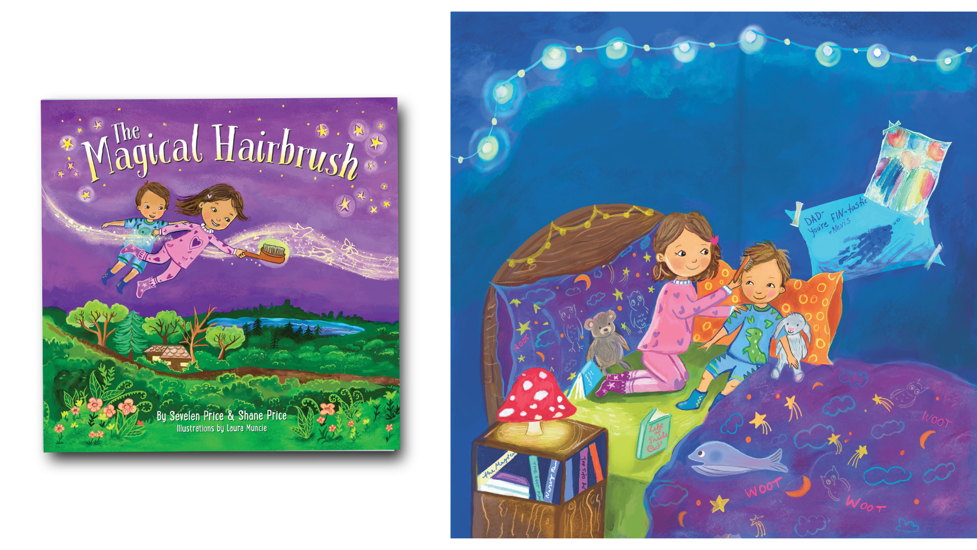 Illustration of children in pajamas lying in a decorated cozy tent with fairy lights, surrounded by books, stuffed animals, and drawing, with a glowing mushroom lamp nearby.