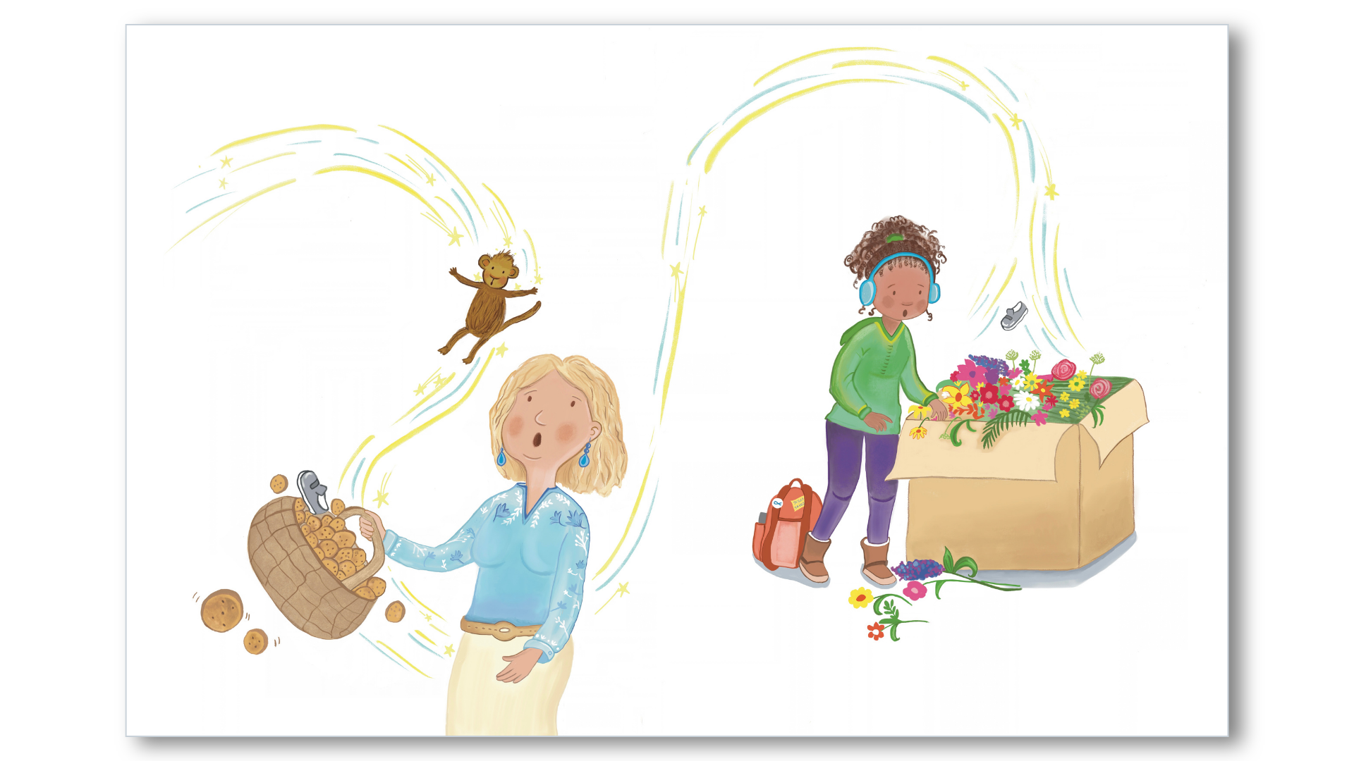 Illustration of two women with magical star trails connecting them, one holding a basket of cookies and the other arranging flowers, with a small bear and scattered flowers around.