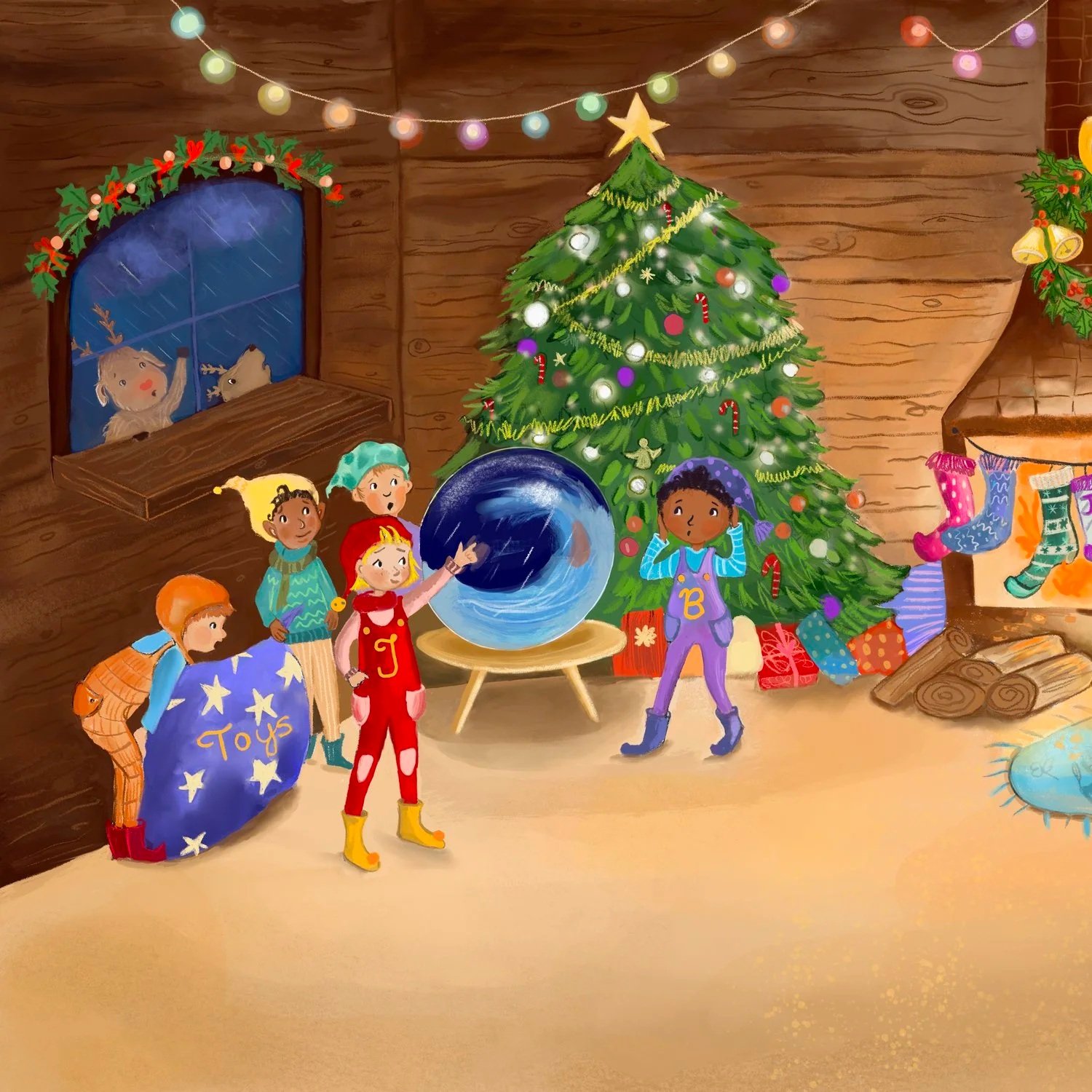 Children gathered around a crystal ball in a cozy, decorated room with a Christmas tree, stockings, and wrapped gifts.